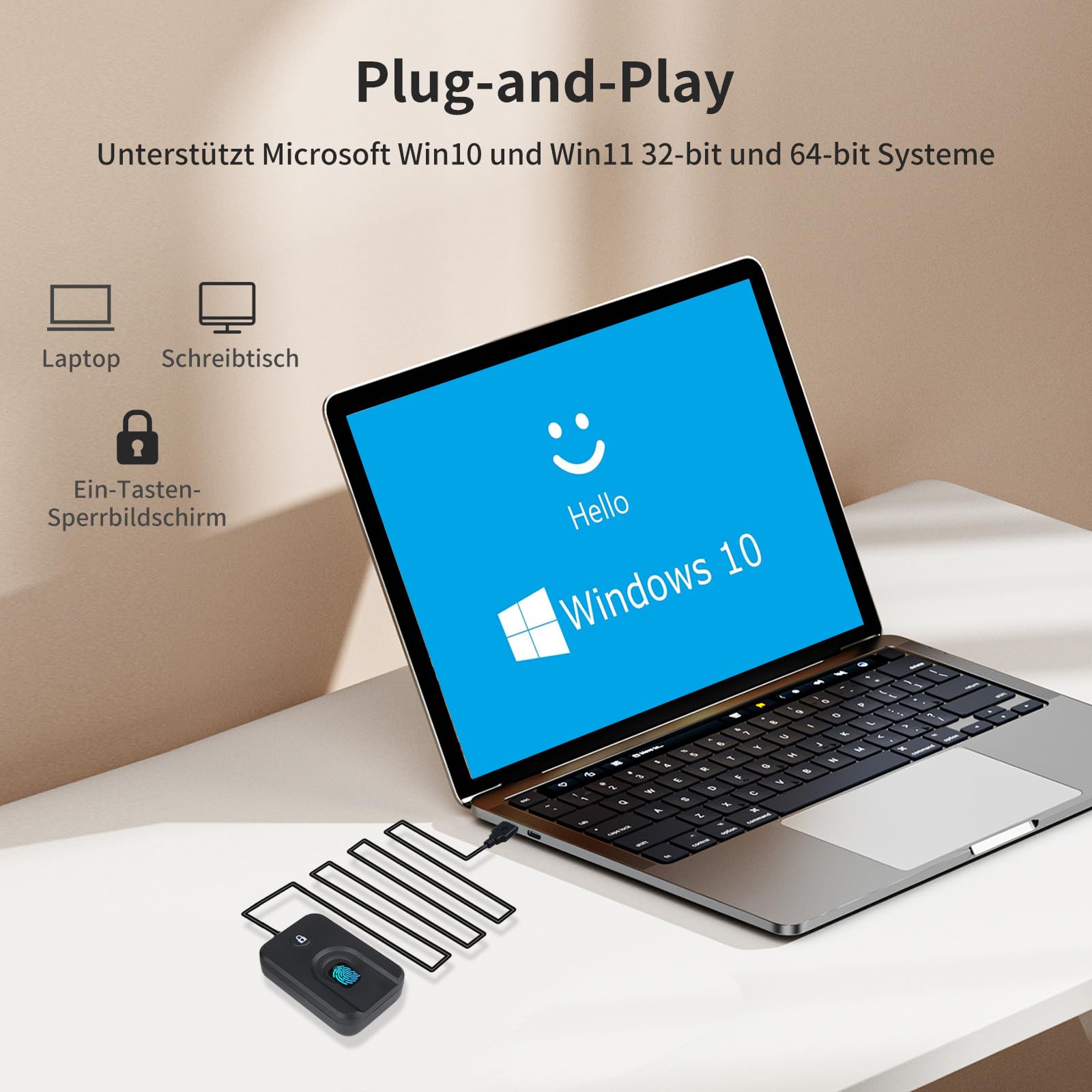 JIANBOLAND Lecteur d'empreintes digitales USB pour Windows 10/11, lecteur d'empreintes digitales Windows Hello écran de verrouillage en un clic, configuration du pilote de voiture avec câble de 5 m