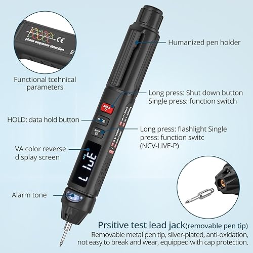 Miniatura 3 de Multímetro inteligente 3 en 1 con probador de voltaje sin contacto Pluma y medidor de secuencia de fase TRMS 6000 cuentas de identificación