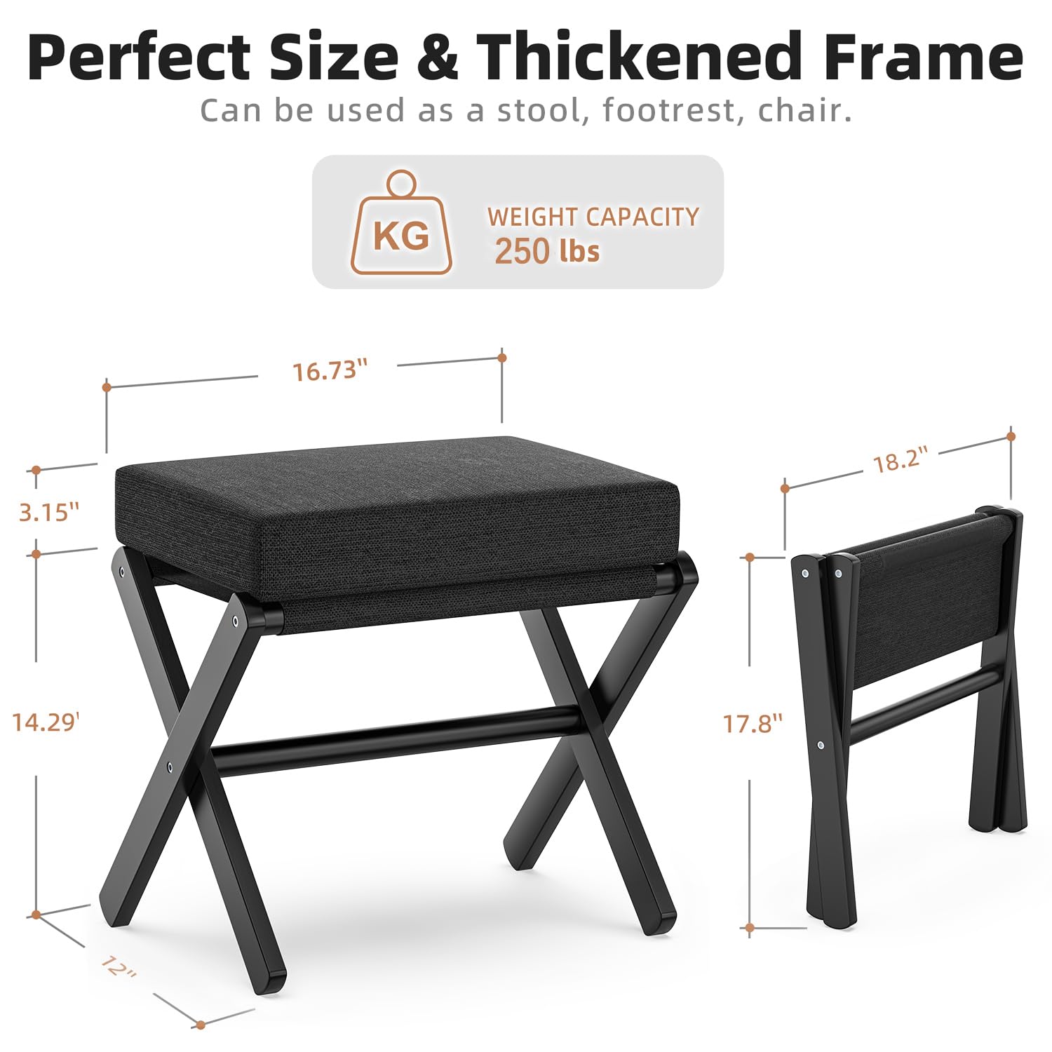 BAMBOOHOMIE Makeup Eitelkeit Hocker, Faltbarer Fußhocker mit Bambus X Beinen, Ottoman Fußstütze Stuhl für Vanity, Moderne Fußhocker klein gepolstert für Wohnzimmer (Schwarz - Schwarz)