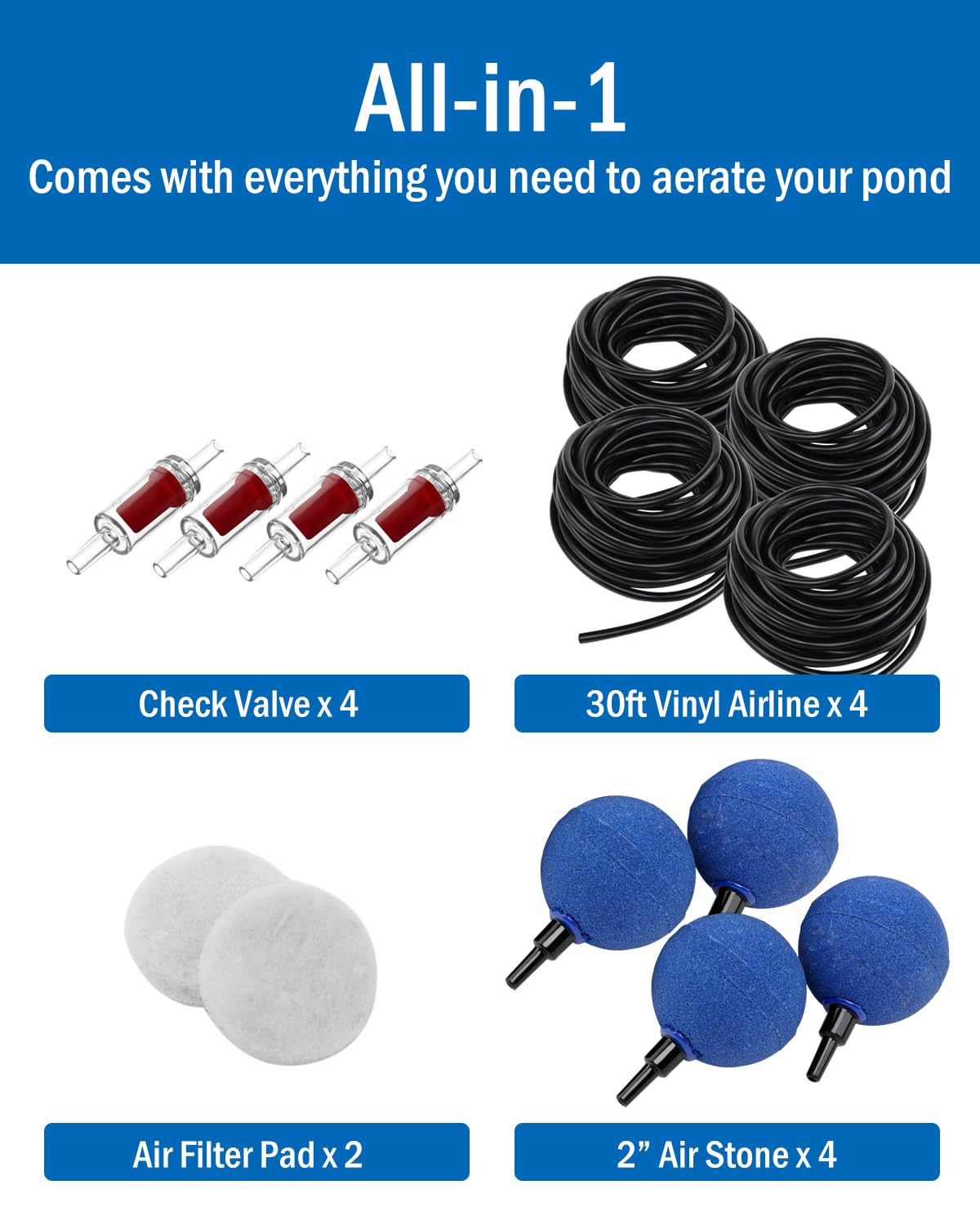 AquaMiracle Aeratore per laghetto a 4 uscite, aeratore per pompa ad aria per laghetto, aeratore per laghetto per giardini acquatici e laghetti per pesci Koi, aeratore per laghetto