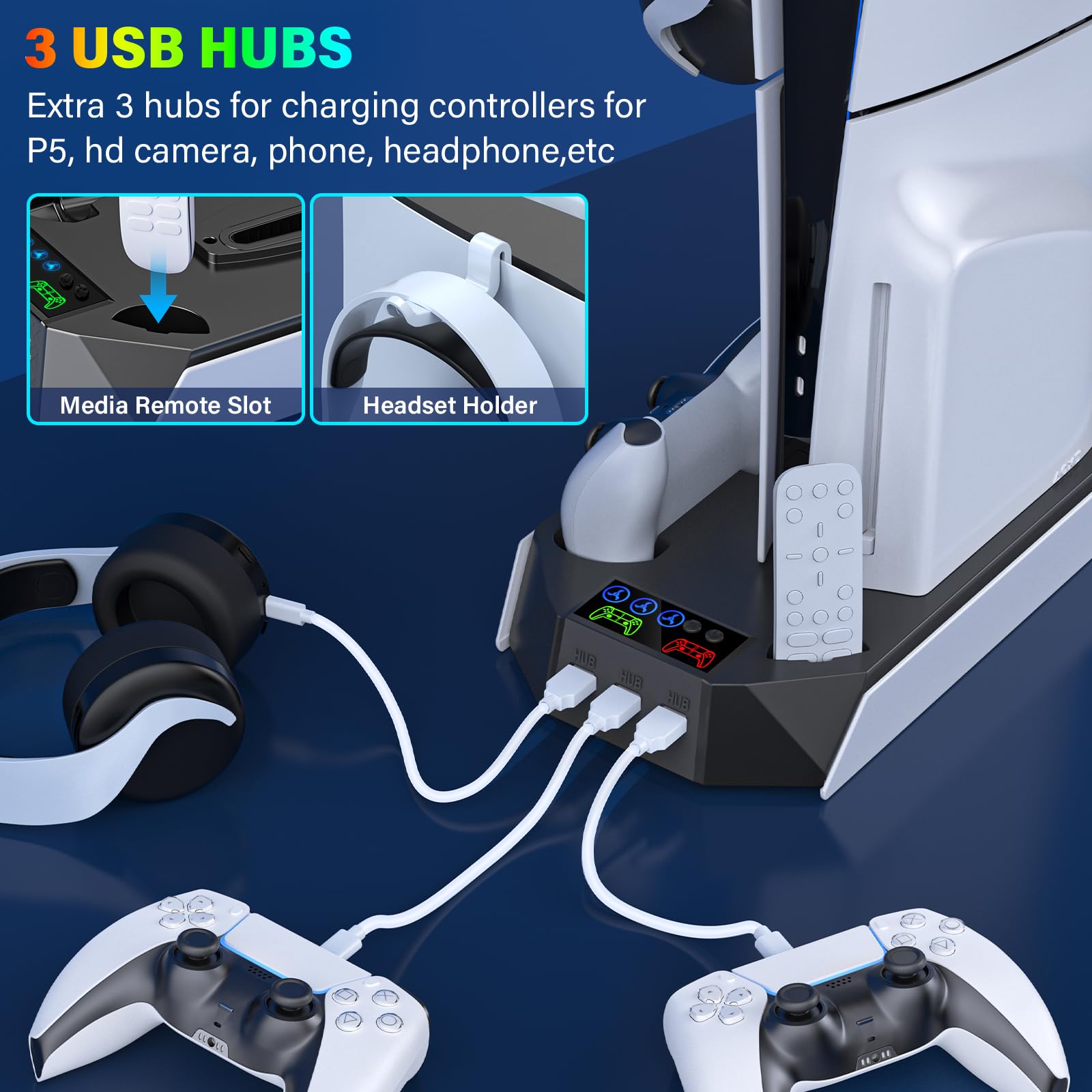 PS5/Slim/Pro Cooling Station with Controller Charging Station for PlayStation 5/Slim/Pro Console, PS5 Stand with Cooling Fan - Accessories Incl Headset Holder, 3 USB Hub,White & Black - 4