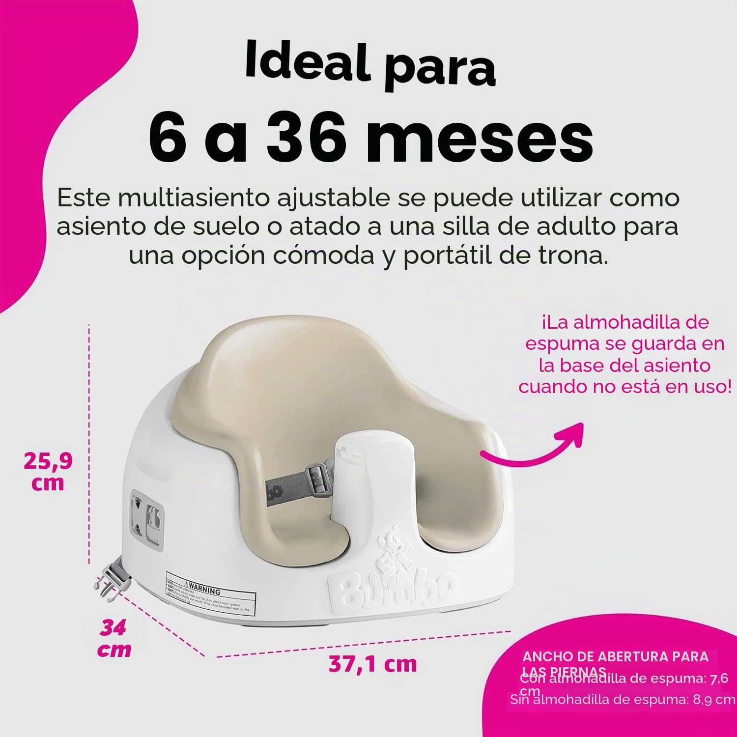 Bumbo Multi Seat - Asiento para Bebé 3 en 1 - Asiento de Suelo, Trona Portátil y Alzador de Silla para Comer - Bandeja Extaíble y Altura Ajustable - Color Taupe