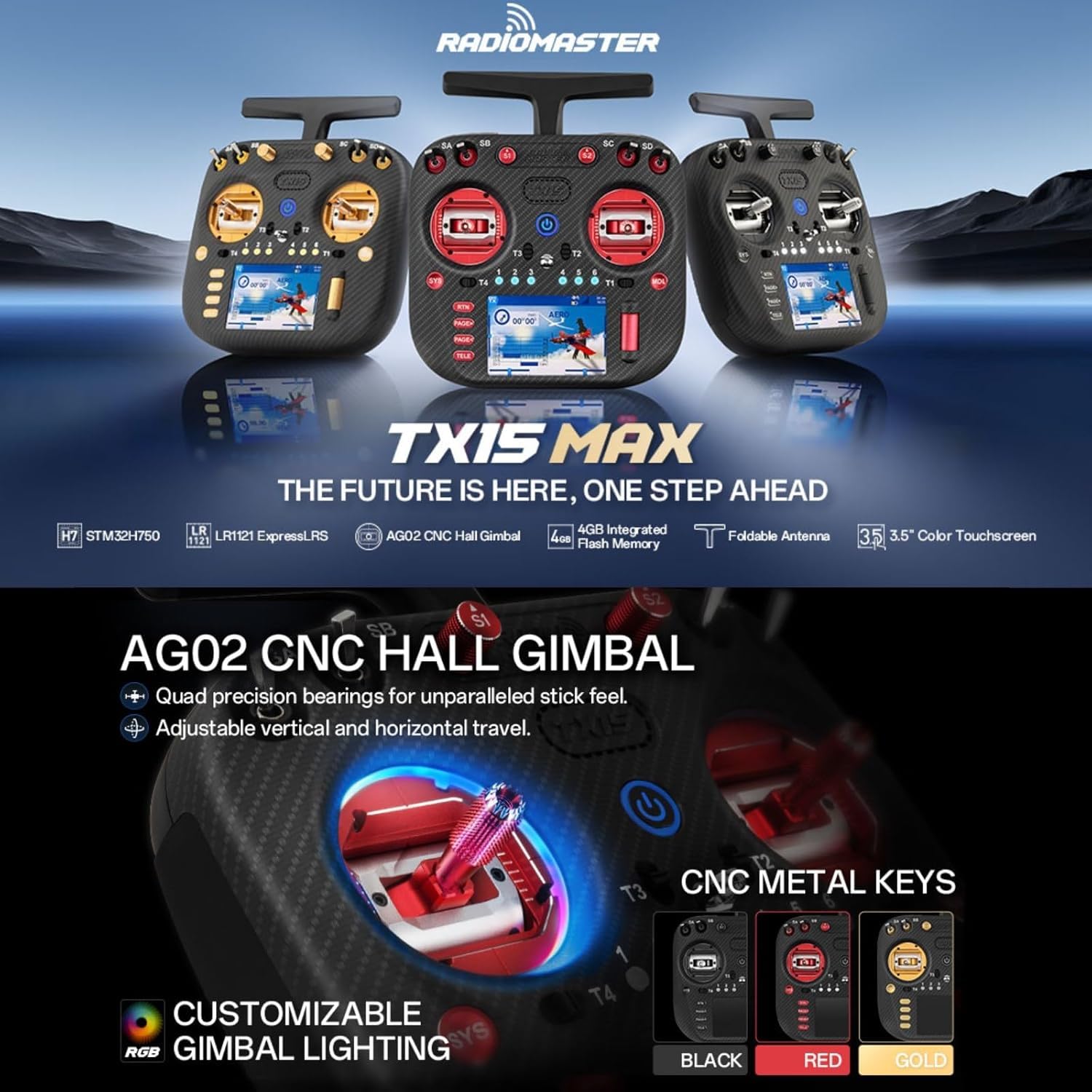 Radiomaster TX15 Max ELRS Télécommande - Émetteur Radio 2,4GHz 900MHz, Cardans Hall AG02 CNC, Écran Tactile IPS 3,5 Pouces, Mode 2, Radiocommande pour Drones FPV, Hélicoptères, Voitures (Doré)