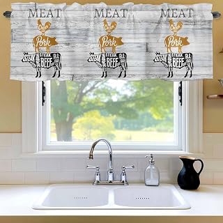 Kitchen Valances for Windows, Farm Animal Meat Valance Curtain Rod Pocket Valance, Vintage Chicken Pork and Beef on Wood Board Short Curtains Window Topper for Bedroom Bathroom Living Room 42x18in