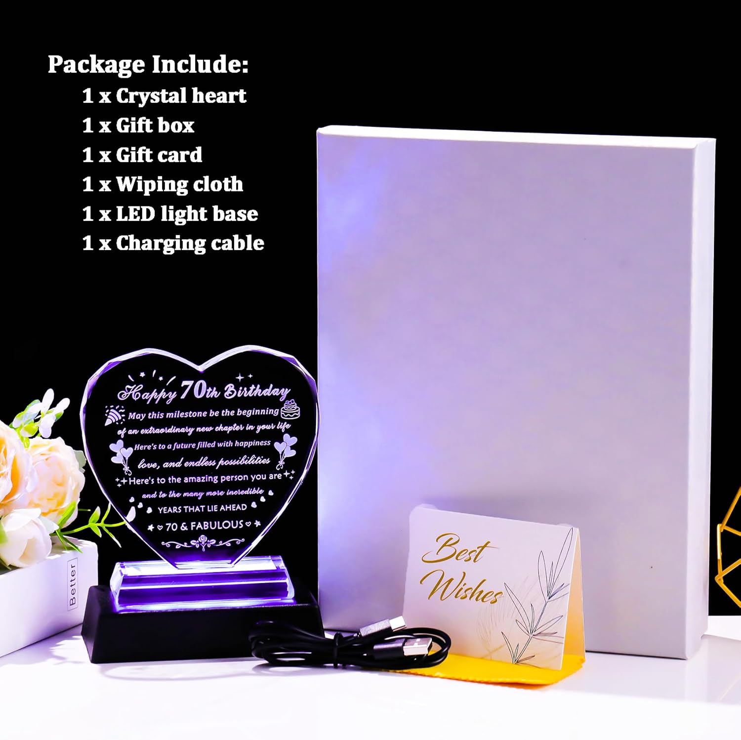 YWHL 70th Birthday Gifts for Women Men with Colorful Light Base, Laser Engraved Crystal Heart Happy 70th Birthday Decoration Plaque, Gifts Ideas for 70 Year Old Women Men Mom Dad Grandma Wife Friends - Image 6