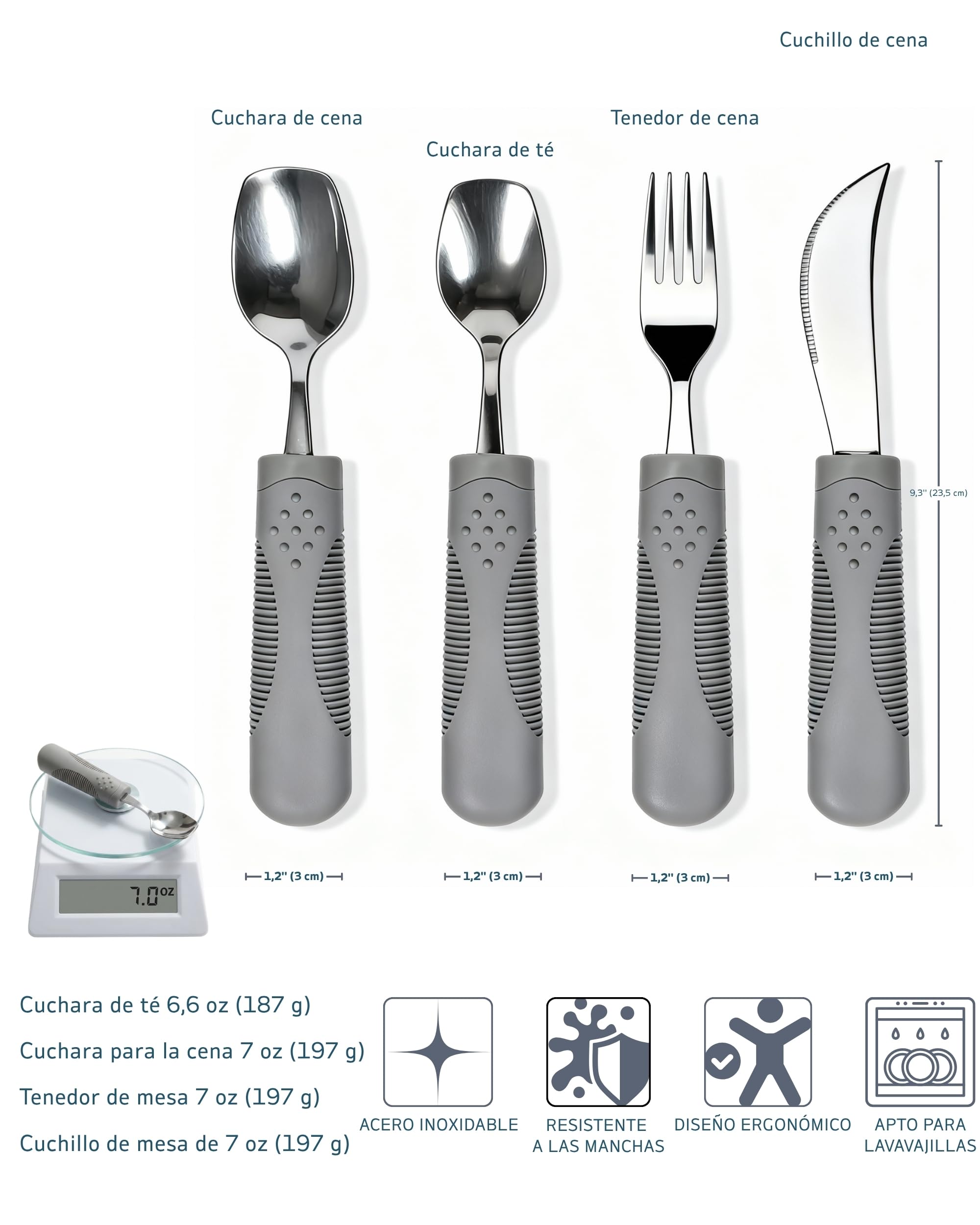 Cubiertos Adaptativos Ponderados 198g para Temblores – Cuchillo Basculante, Cuchara Pala, Agarre Ergonómico (Gris)