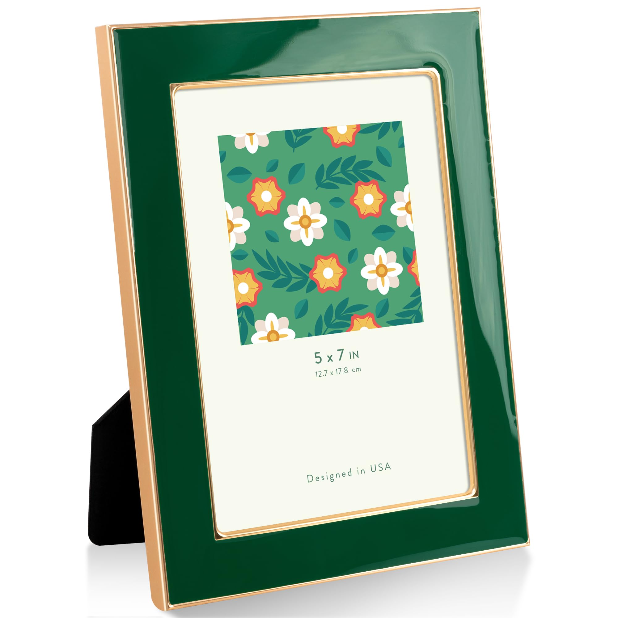 5"x7"(13x18cm) Enamel Picture Frame with Gold Metal Edge, HD Tempered Glass Photo Frame with Velvet Back & Easel Stand for Wall or Tabletop Display Family Office Photo Gallery, Green