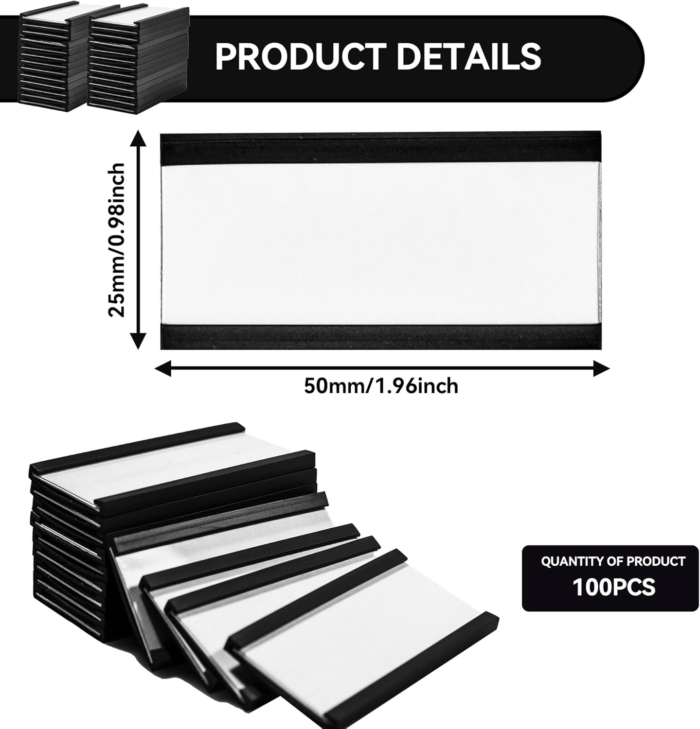 100 Pack Magentic Label Holders 1x2 Inch, C Channel Magnetic Data Card Holders, Magnetic File Cabinet Labels with White Paper Inserts and Clear Plastic Film for Metal Shelf Identification Card Holder