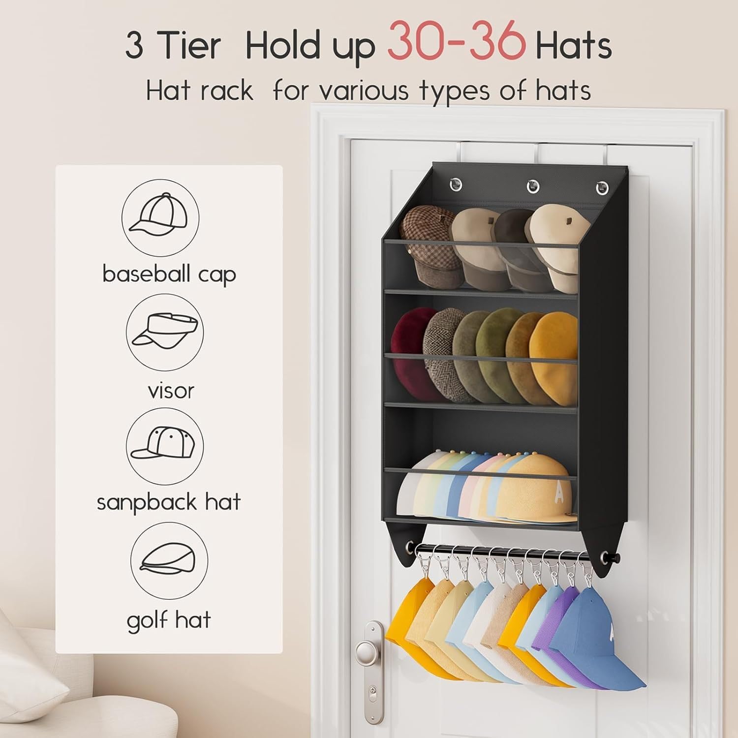 Organizador de sombreros sobre la puerta con 10 clips, bolsa de almacenamiento de gorras de béisbol no tejida de 3 niveles, soporte para sombreros múltiples para colgar en el armario, dormitorio