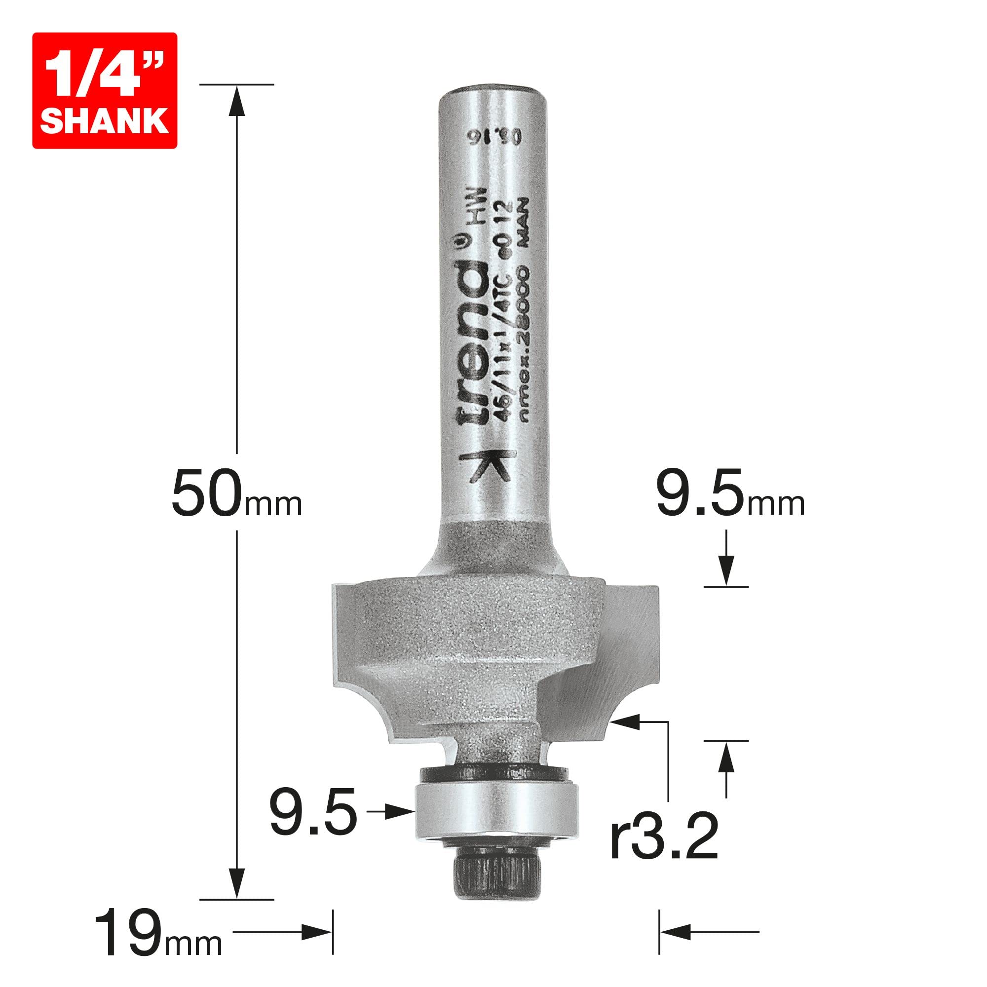Trend Professional Bearing Guided Ovolo Router Cutter, 3.2mm Radius, 1/4 Inch Shank, 19mm Cut Diameter, 9.5mm Cut Length - Image 3