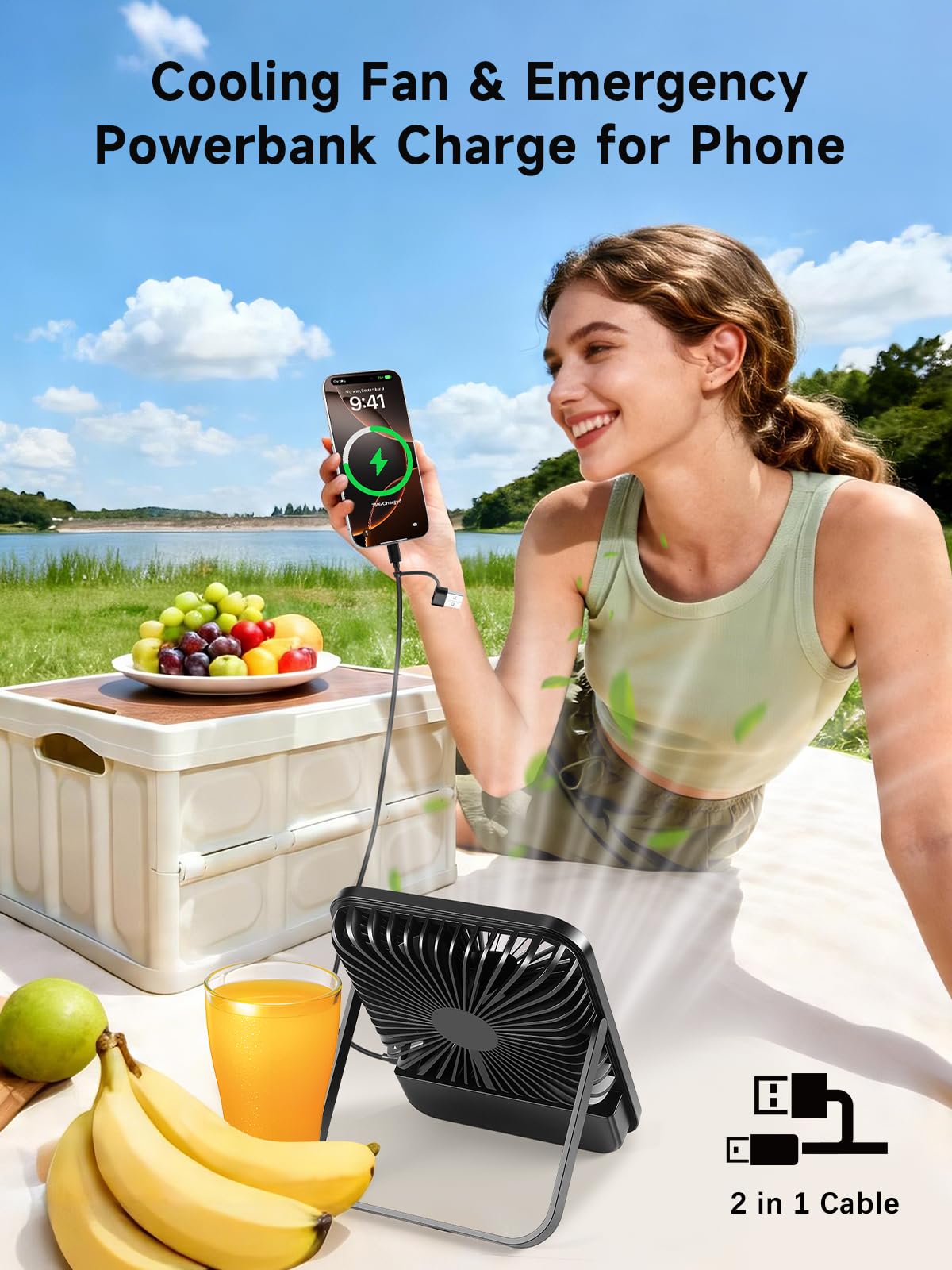 10000mAh Camping Ventilator Tragbarer Ultradünn Tischventilator mit Lampe, Max.28Std. Laufzeit, Leise, Timer, Display, Haken, Akku Ventilator für Camping Reisen Outdoor Büro Schlafzimmer