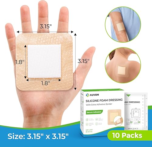 Miniatura 5 de AUVON Apósito de espuma de silicona con borde adhesivo grande, 3 x 3 pulgadas, 10 paquetes de vendajes para heridas con alta absorbencia, apósitos