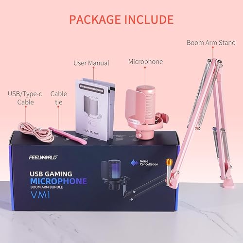 Vista 7 de FEELWORLD VM1 - Micrófono de condensador USB rosa para juegos de PC con cancelación de ruido, botón de silencio, luz RGB, accesorios de computadora