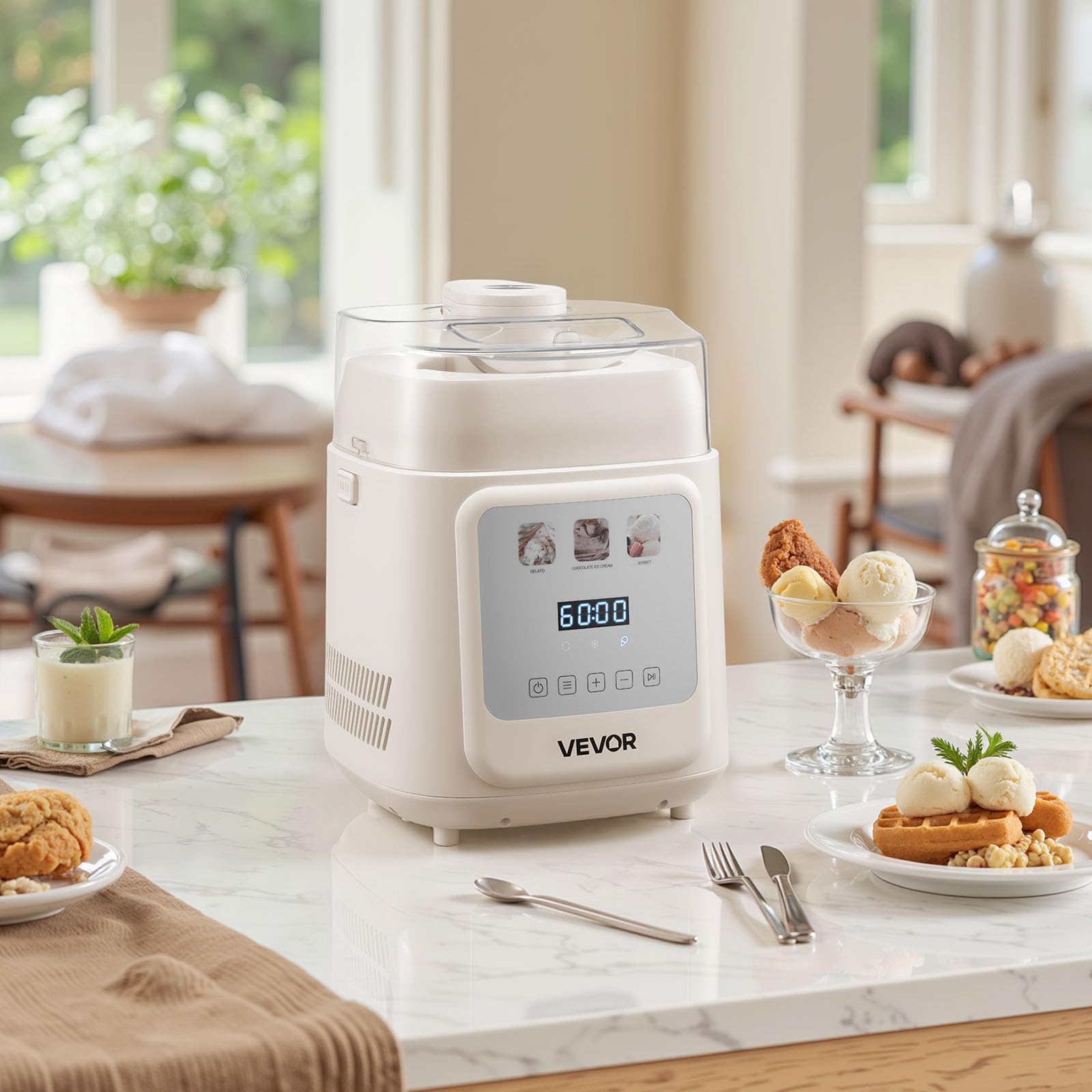 VEVOR Gelatiera Automatica Verticale con Compressore Integrato, Macchina per Gelato Senza Precongelamento da 1 L Sorbettiera Elettrica a 4 Modalità, Macchina per Gelato con Compressore per Casa