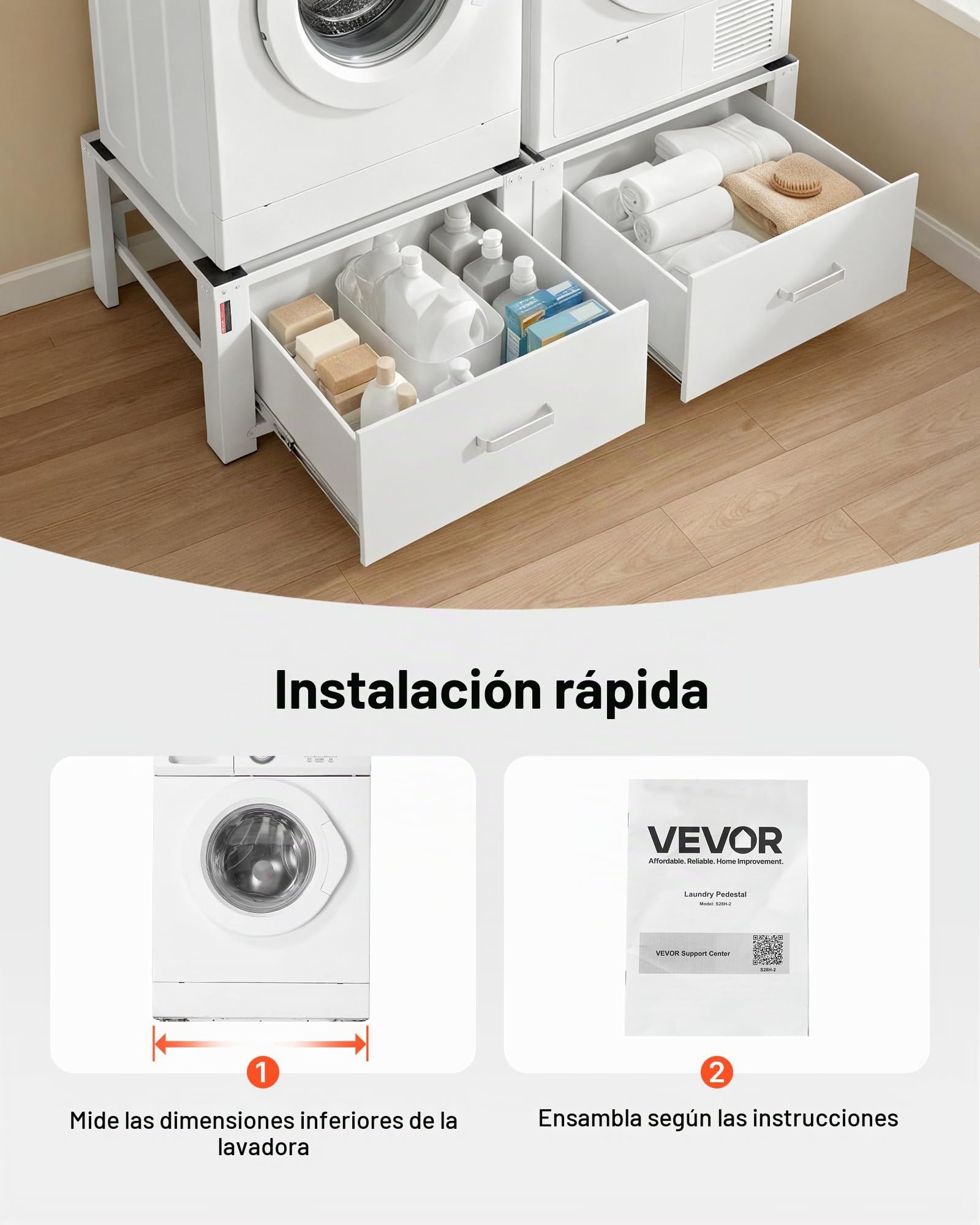 VEVOR Soporte para Lavadora Alto de 310 mm, Base de Lavadora de Acero Resistente, Capacidad de Carga de 150 kg, Pedestal Universal para Secadora con Cajón, Patas Antideslizantes, 2 Piezas, Blanco