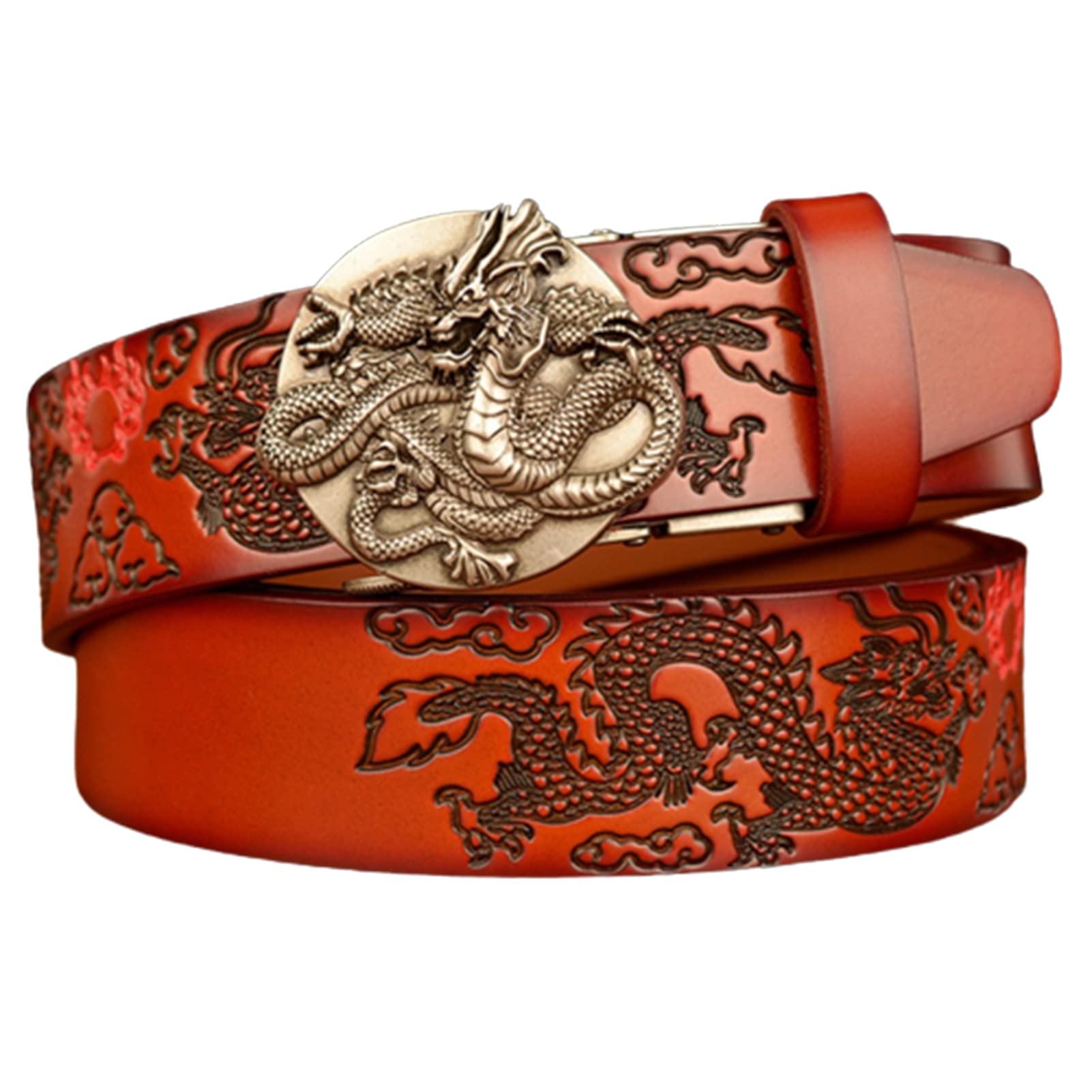 Cinturón De Piel Vacuno Neutra Con Dragón Plateado En Relieve, Hebilla Automática Y Trinquete Deslizante Ajustable