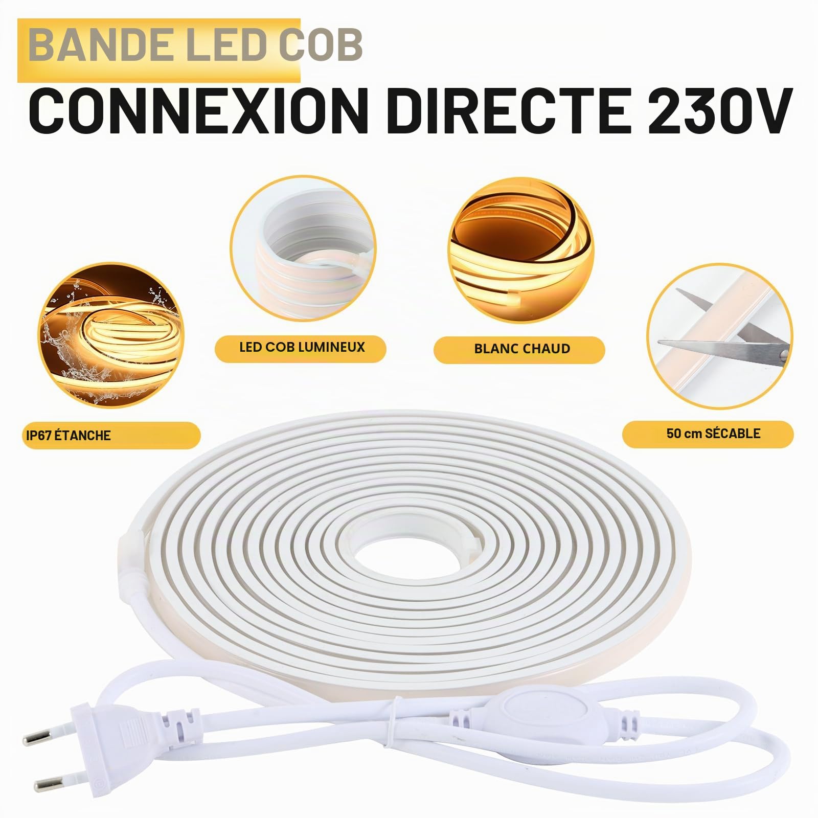 pcning Bande LED 220V 5M Blanc Chaud sans Transformateur avec Prise Exterieur IP67 Etanche Ruban, 5 Metre Bandeau LED COB Puissant Strip Light 3000K (5m, Blanc Chaud)
