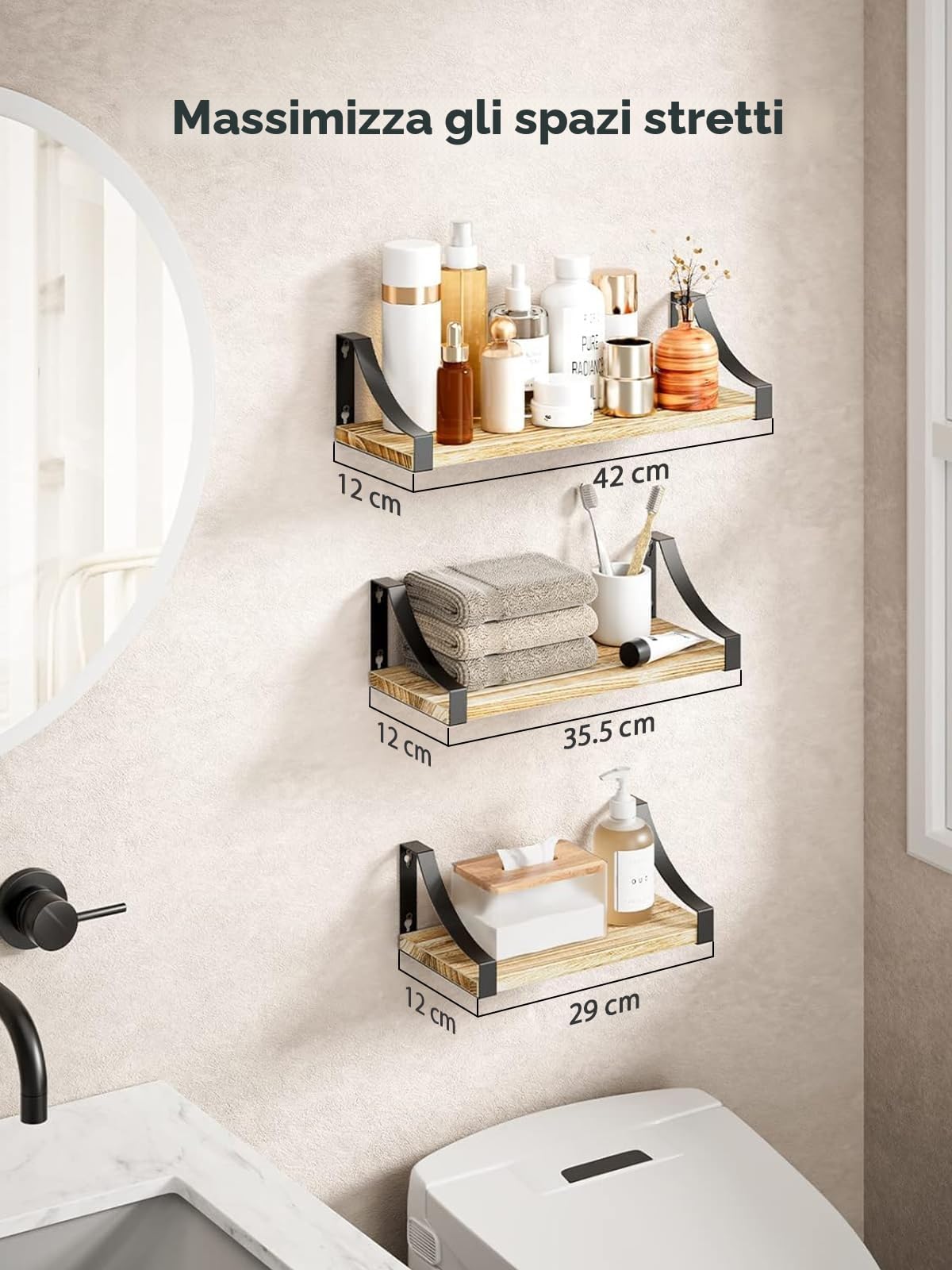 Pipishell Mensole da Muro, Set di 3 Mensola da Parete in legno, Profondità Mensola da Muro, lunghezza 42/36/29 cm per camera da letto, soggiorno, cucina, ufficio a casa, lavanderia, ecc. (Marrone)