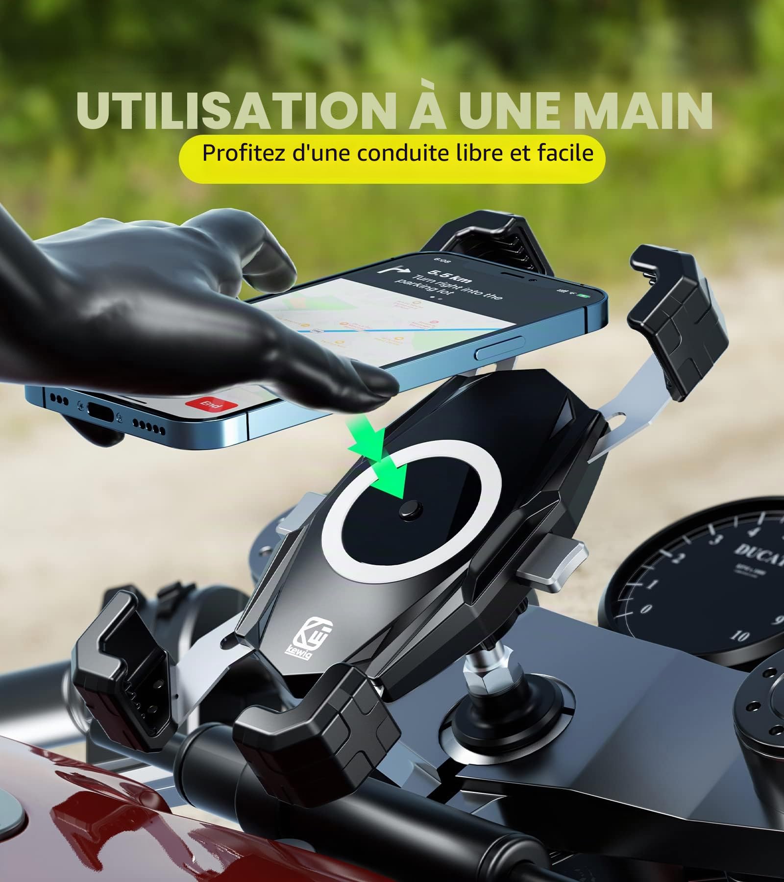 Kewig Support de téléphone pour fourche de moto, support de téléphone de moto, verrouillage et déverrouillage automatique par simple pression, convient pour tige de fourche de 12 à 25,4 mm de diamètre
