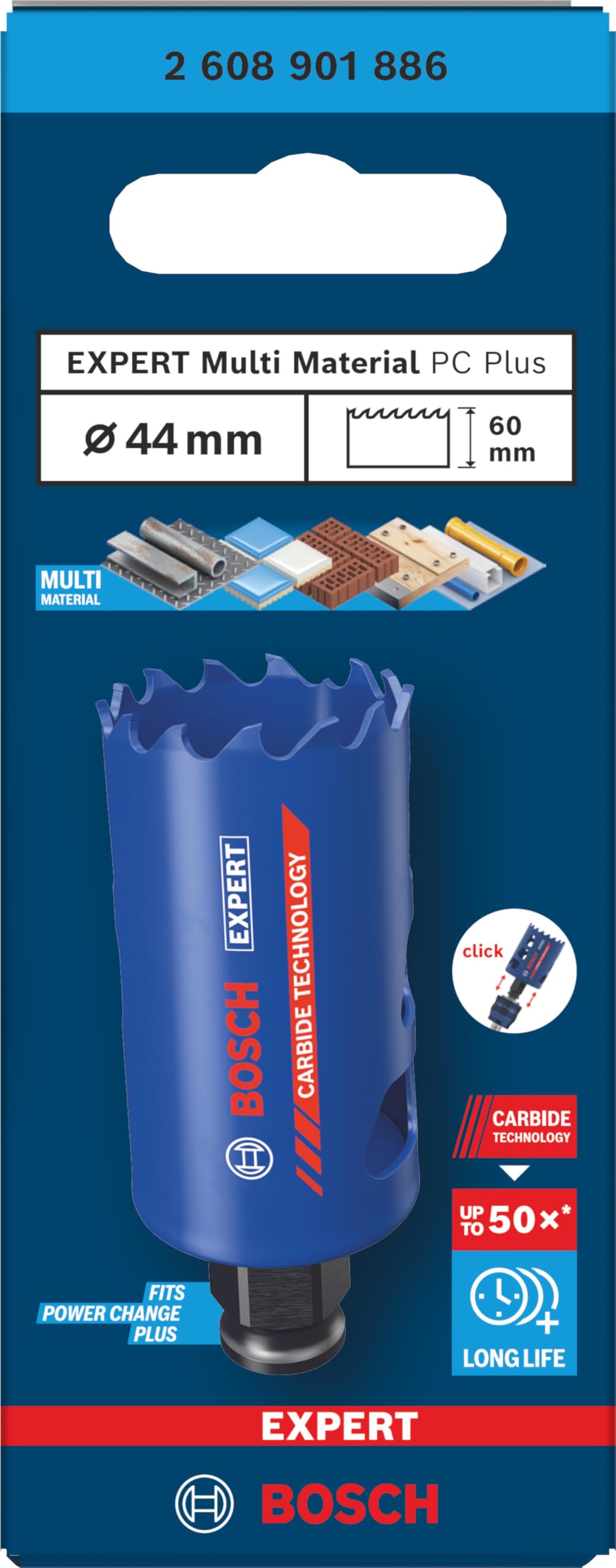 Bosch 1x Sega a tazza EXPERT Multi Material Power Change Plus (per Legno con metallo, Mattone, Ø 44 mm, Professional Accessorio Trapanoi)