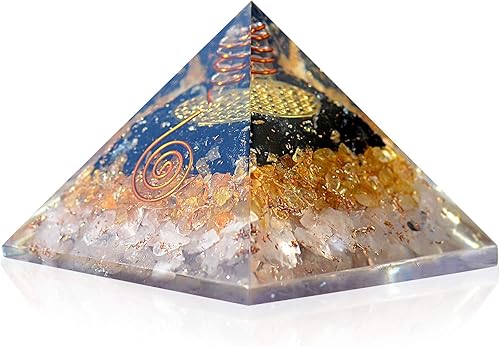 Orgonite Crystal Orgone Pyramid for Triple Health Protection with Black Tourmaline, Citrine and Rose Quartz – Positive Energy Generator for Healing,