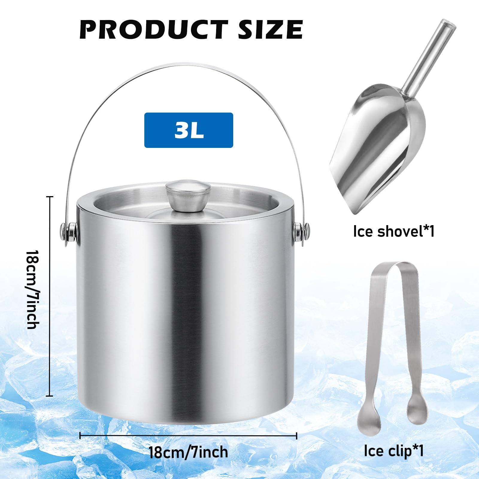 Seau à glaçons Isotherme 3L, Seau a glacon Isotherme en Acier Inoxydable Double paroi, Seau à Champagne avec Pince et Pelle, Seau glacon pour Bar fête Maison