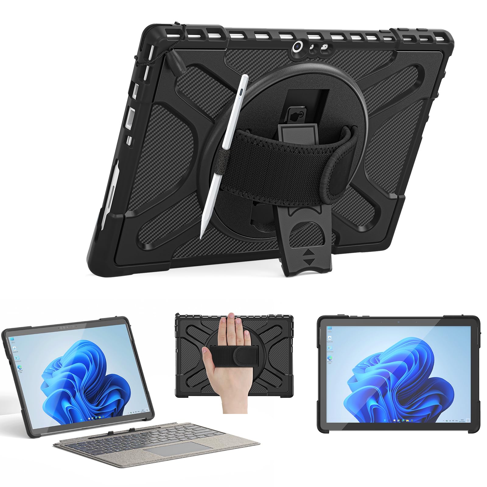 Junfire Protective Case for Microsoft Surface Pro 7 Plus, Surface Pro 7/6/5/4 Shockproof Rugged Case with 360°Rotating Kickstand/Hand Strap/Stylus