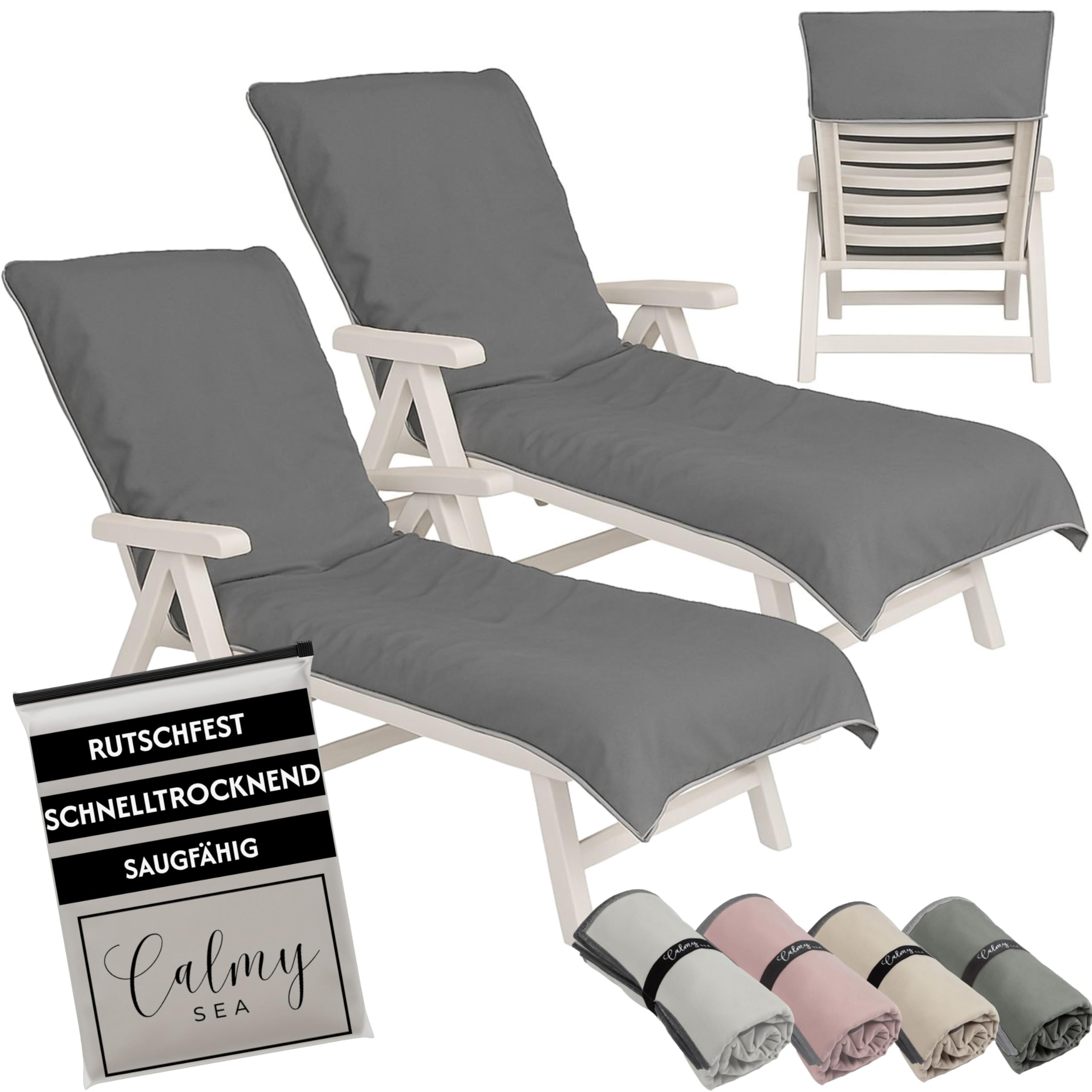 CalmySEA 2X Handtuch für Sonnenliege - 200x75cm mit Kapuze Microfaser Light Weight Schonbezug für Gartenliege Handtücher mit Umschlag Liegestuhl Bezug Strandliege (Anthrazit, 2 Stück)