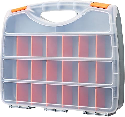 Makitoyo Caja de almacenamiento de herramientas, contenedor organizador de herramientas con asa y tapa transparente, 21 compartimentos ajustables y