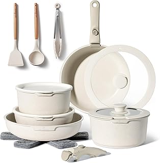 Just Perfecto 18-Piece Non-Stick Cream Cookware Set with Removable Handle Suitable for All Hob Types Including Induction Non-Stick PFOA Non-stick