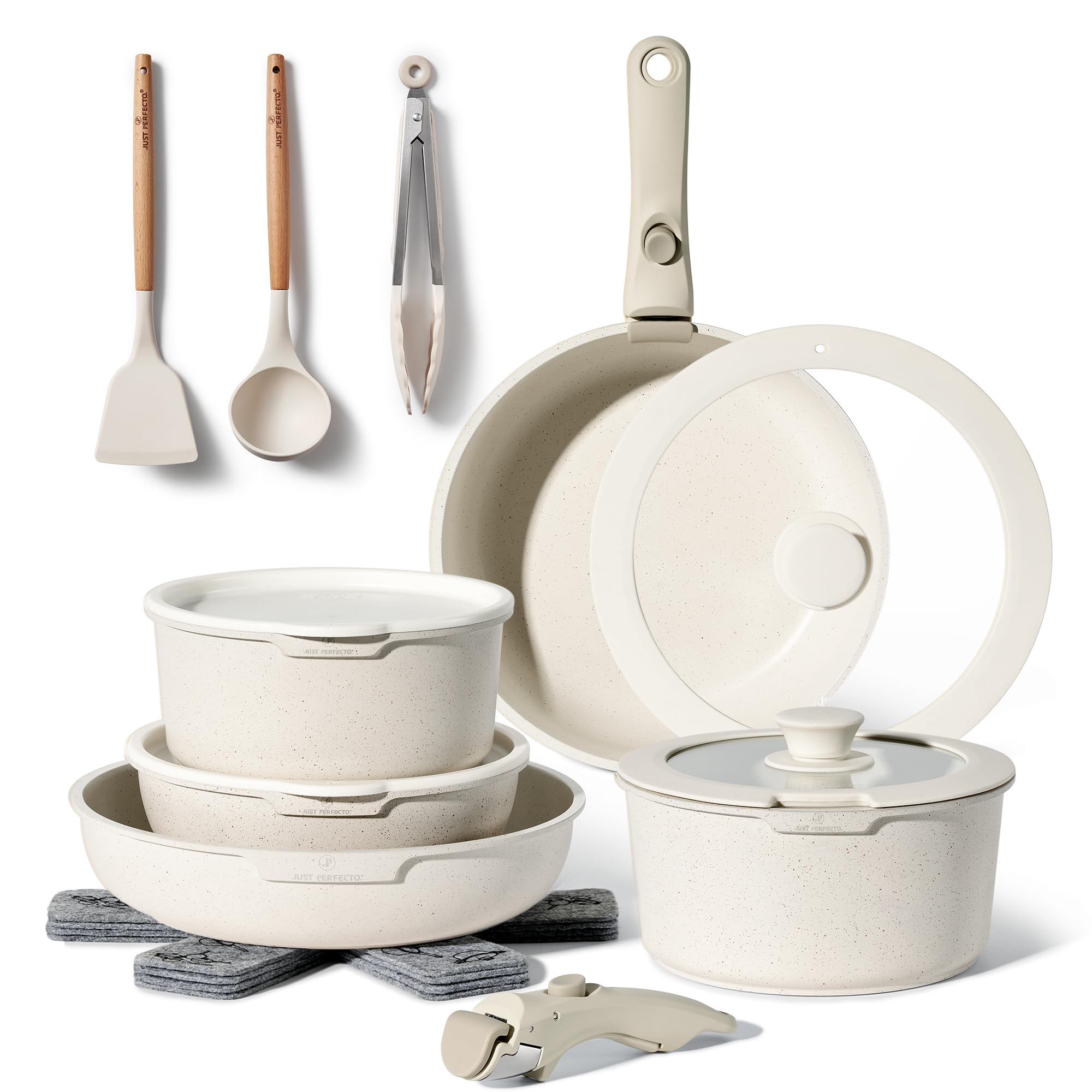 Just Perfecto Batterie de Cuisine 18 Pièces Manche Amovible JL-996, Beige | revêtement antiadhésif sans PFOA, manche amovible, compatible tous feux dont induction, empilable