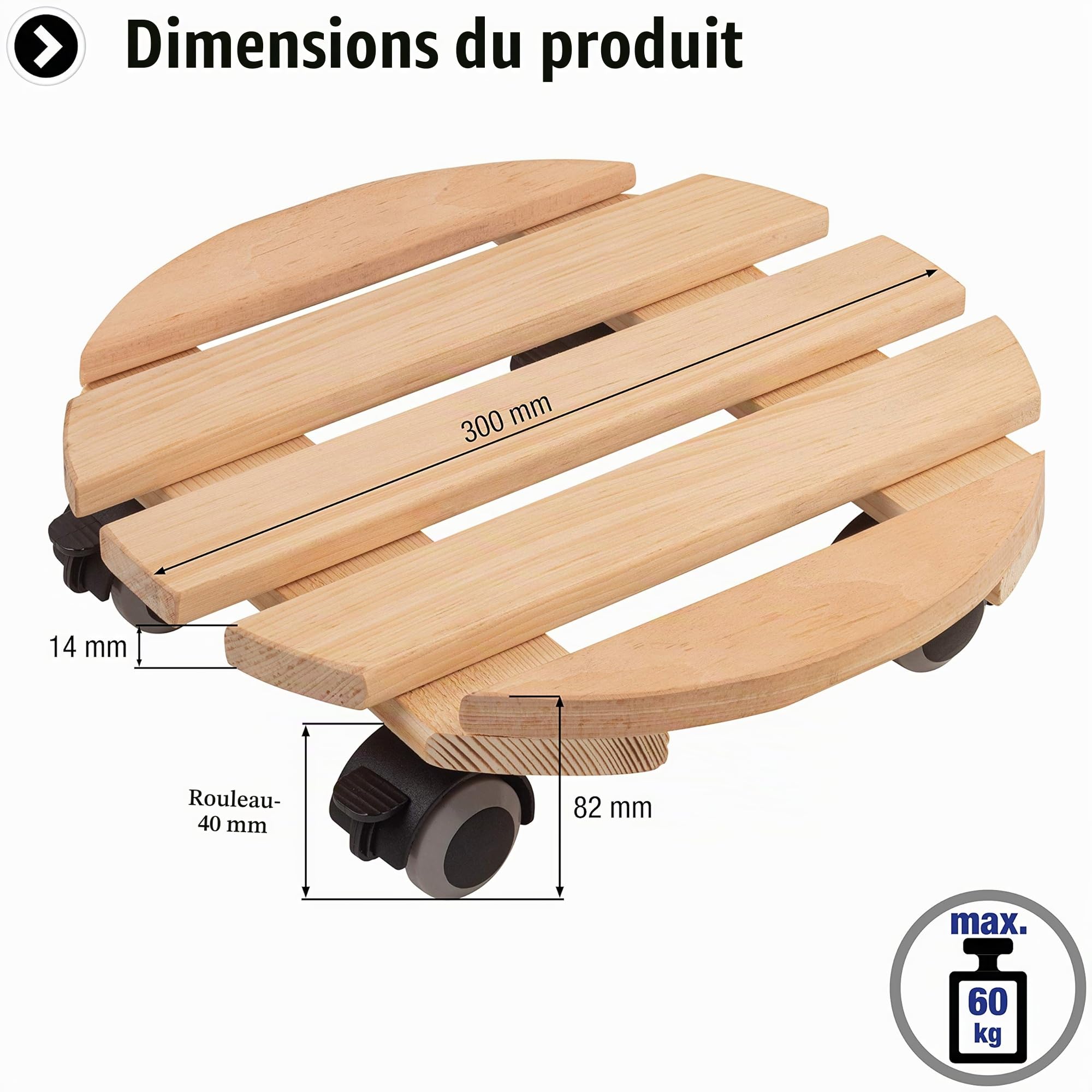 Metafranc Chariot pour Plantes Ø 300 mm 60 kg Plaque en pin Naturel Roues TPE 4 blocages
