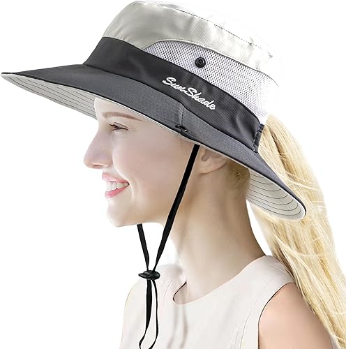 Sombrero de sol para mujer con agujero para cola de caballo, sombrero de protección UV, plegable, malla ancha, sombrero de pesca para la playa para