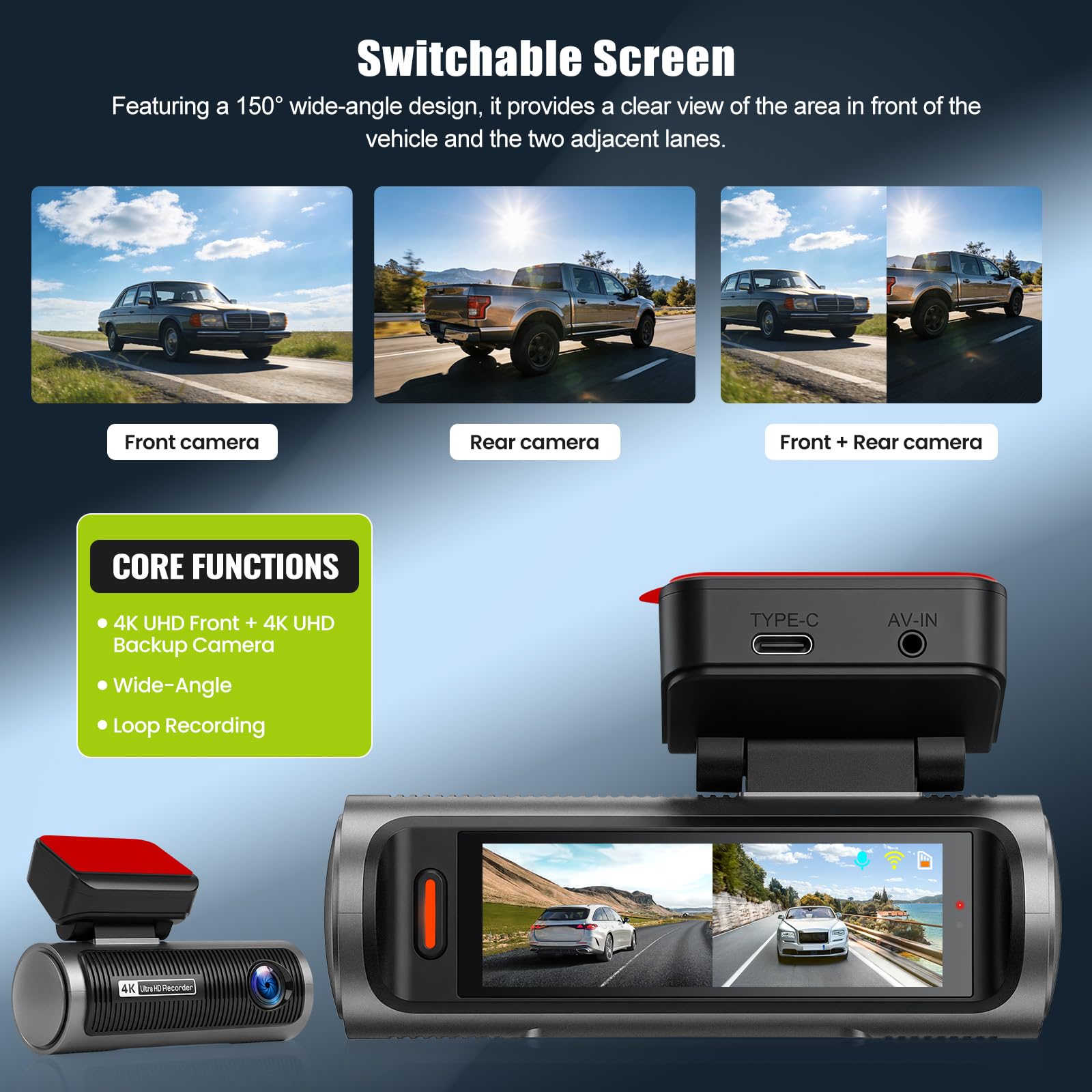 OiLiehu Cámara para Salpicadero 3,19 Pulgadas para Coches, Grabación Frontal e Trasero UHD 4K+4K, Lente Dual con G-Sensor/Control App/Grabación en Bucle/Visión Nocturna/Asistencia de Marcha Atrás