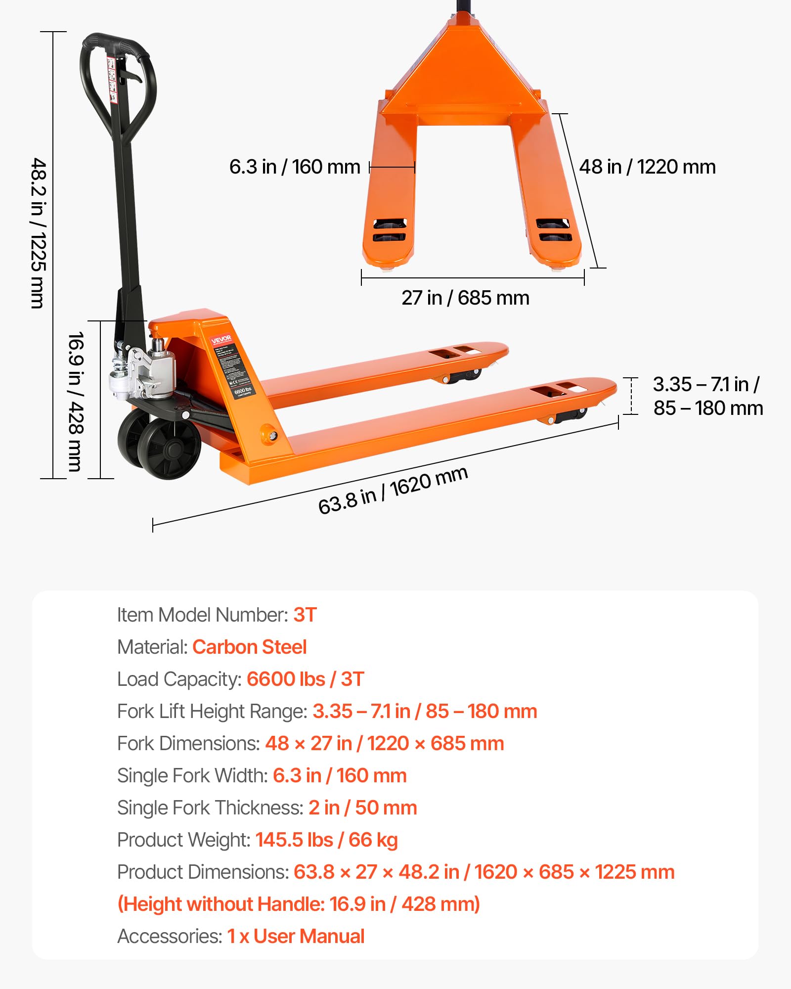 VEVOR Transpallet, Capacità 3 T, Transpallet Manuale con Forche da 1620 x 685 x 1225 mm per Movimentazione Materiali, Altezza di Sollevamento Forche 85-180 mm, per Magazzino, Supermercato