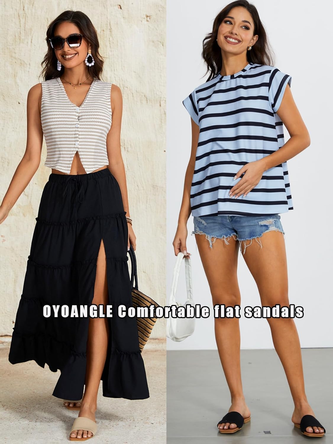 OYOANGLE Women's Single Band Square Open Toe Slide Sandals Summer Slip on Flat Sandals - Image 4