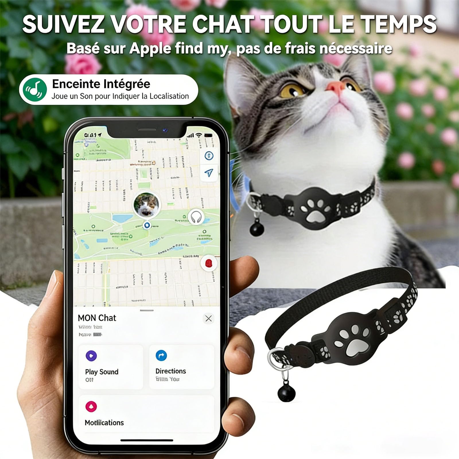 Collier GPS Chat, 2026 Nouveau Traceur Collier GPS pour Chien, sans Carte SIM, sans Abonnement Mensuel, Localisation Temps Réel,Compatible iOS Android,Imperméable et Durable (Rose)