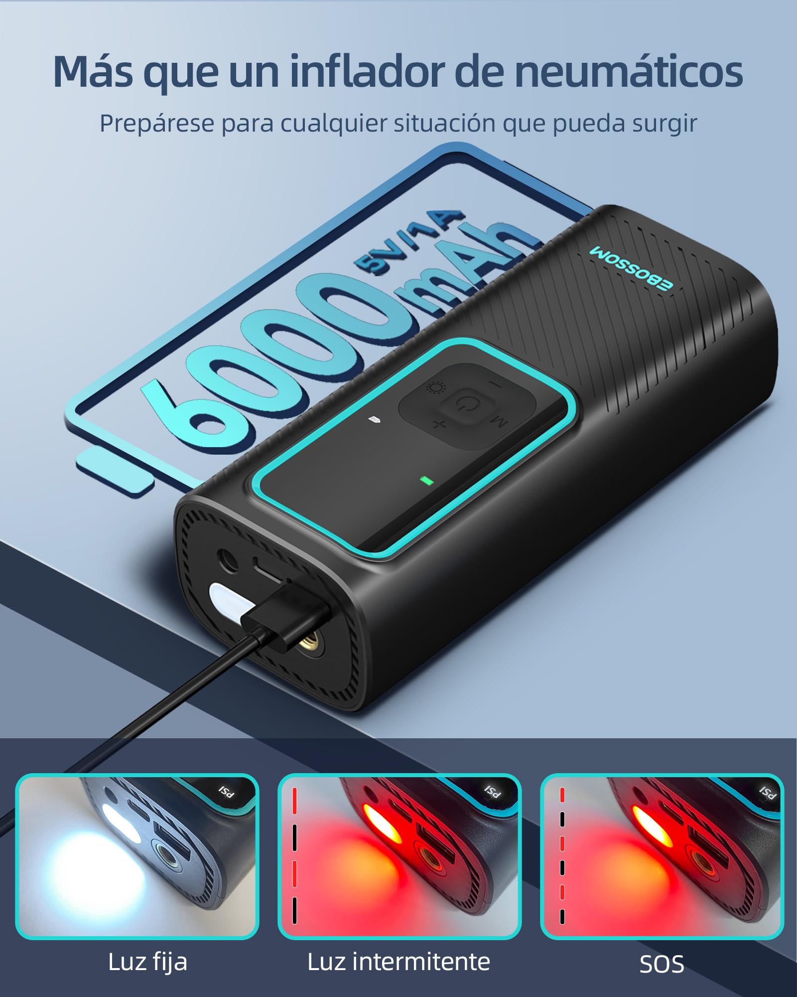 Compresor Aire Portátil de 10,3Bar, Inflador Ruedas Coche a Batería 6000 mAh y 12V DC, Mini Inflador Electrico para Auto, Moto, Bicicleta y Pelota, Bomba de Aire con Función de Luz LED, Carga USB-C