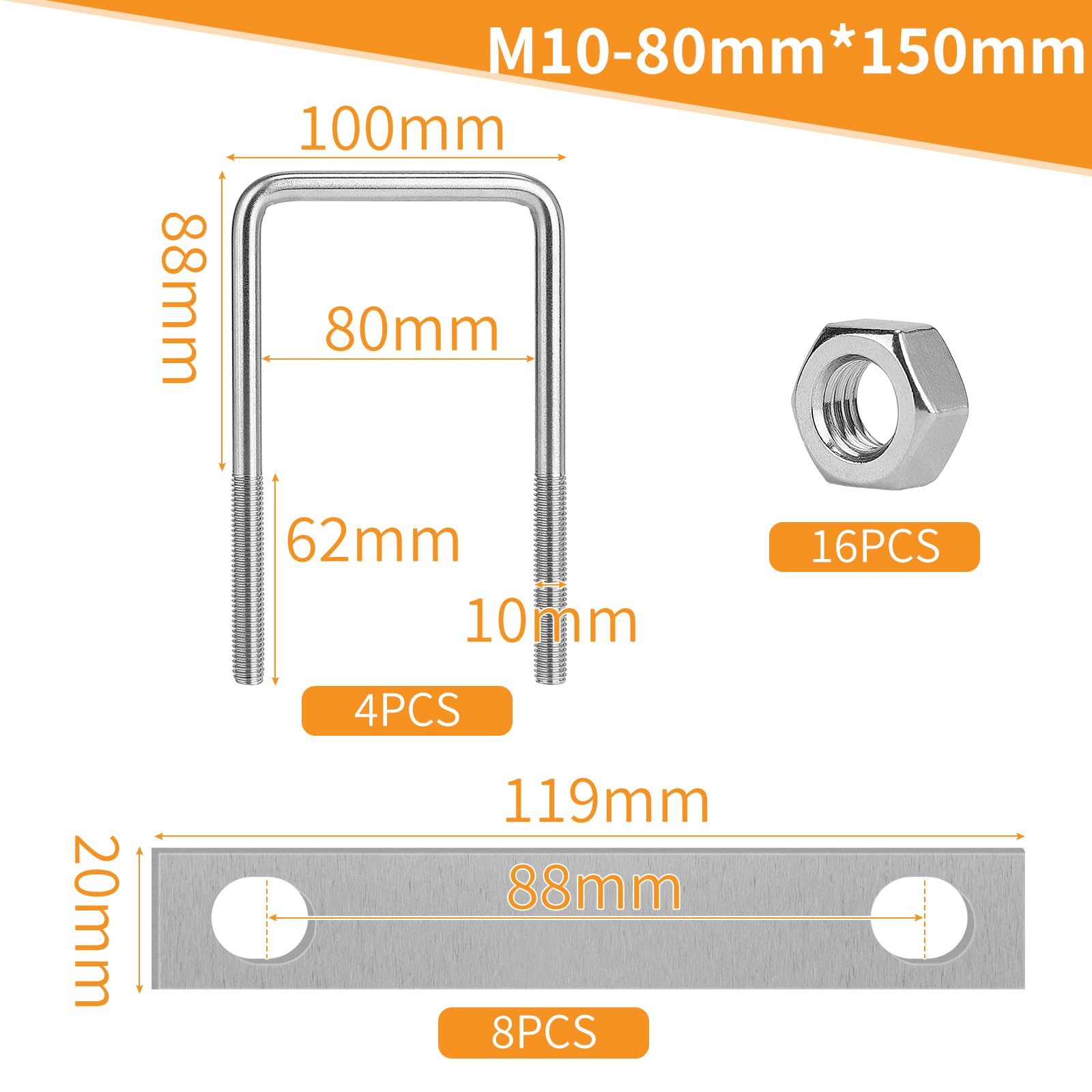 EFUTURETIME 4 x Bullone a U M10 Quadrato 80 * 150mm, Cavallotto di Fissaggio a U Acciaio Inox con 16 Dado e 8 Lamiera per Tubi, Industriali, Vita Quotidiana