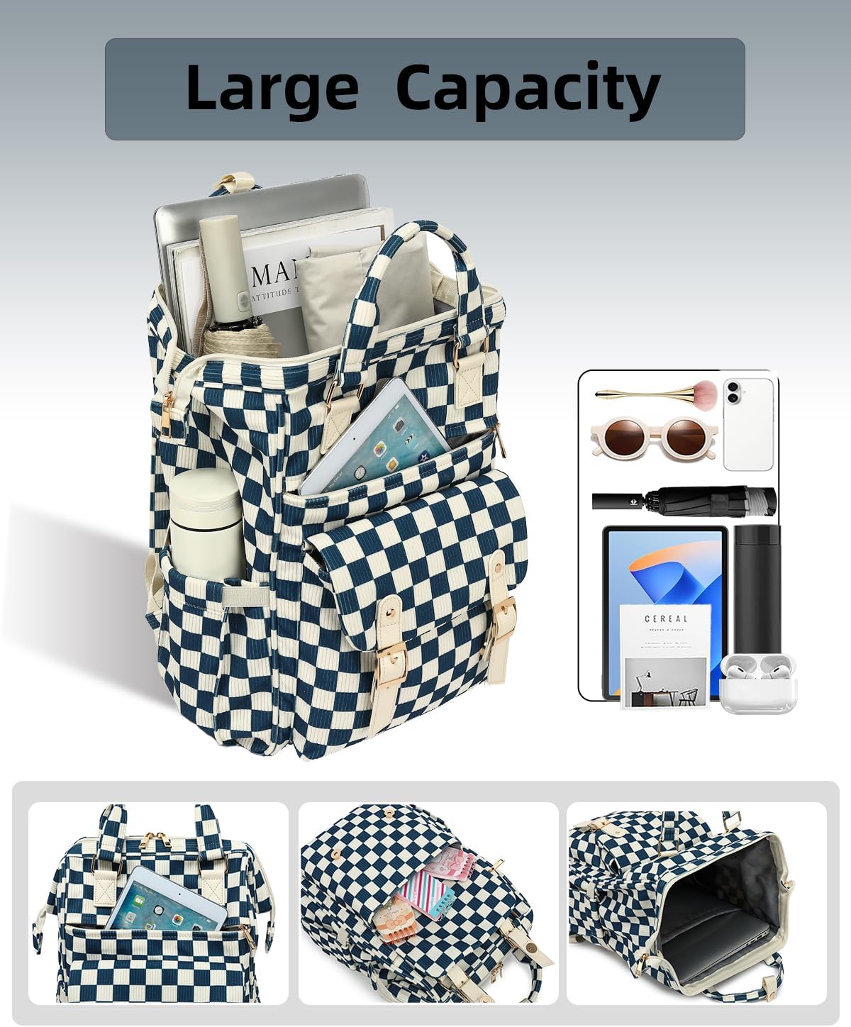 Laptop Backpacks for Women, Corduroy High School College Bookbag 15.6 Inch Laptop Bags for Girls Travel Daypack - Checkered Navy Blue - Image 3