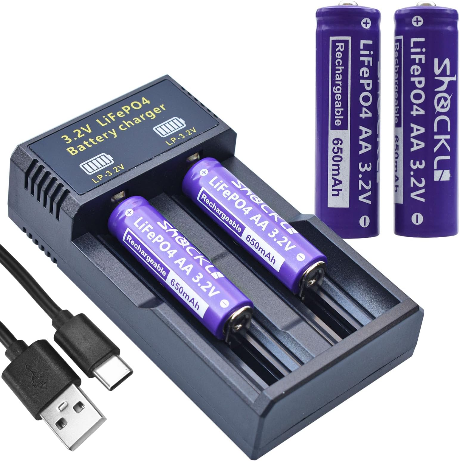 Shockli AA 3.2V Rechargeable Solar Battery with LiFePO4 Charger, AA 3.2 Volt LiFePO4 Solar Battery (4-Pack) for Panel Outdoor Garden Lights