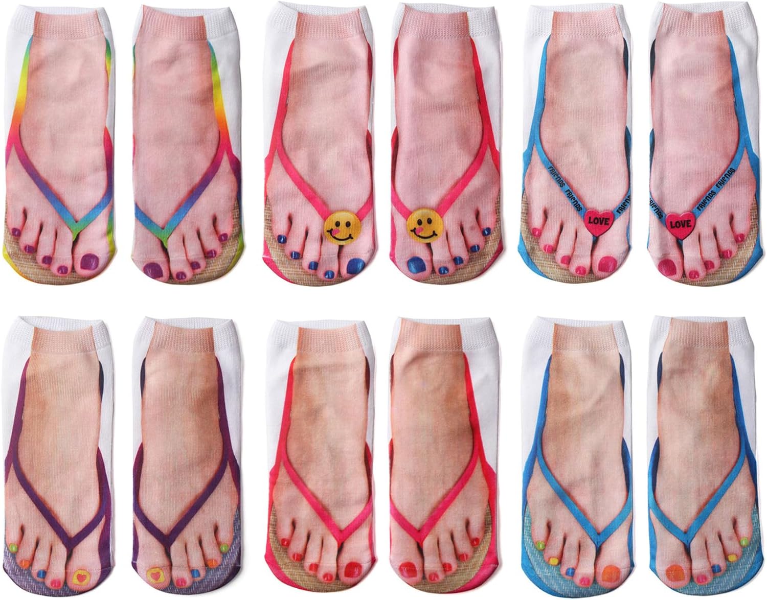 6 Pairs Manicure Print Socks, 3D Pattern Socks, Funny Flip Flop Socks, Personalized Low Cut Ankle Socks