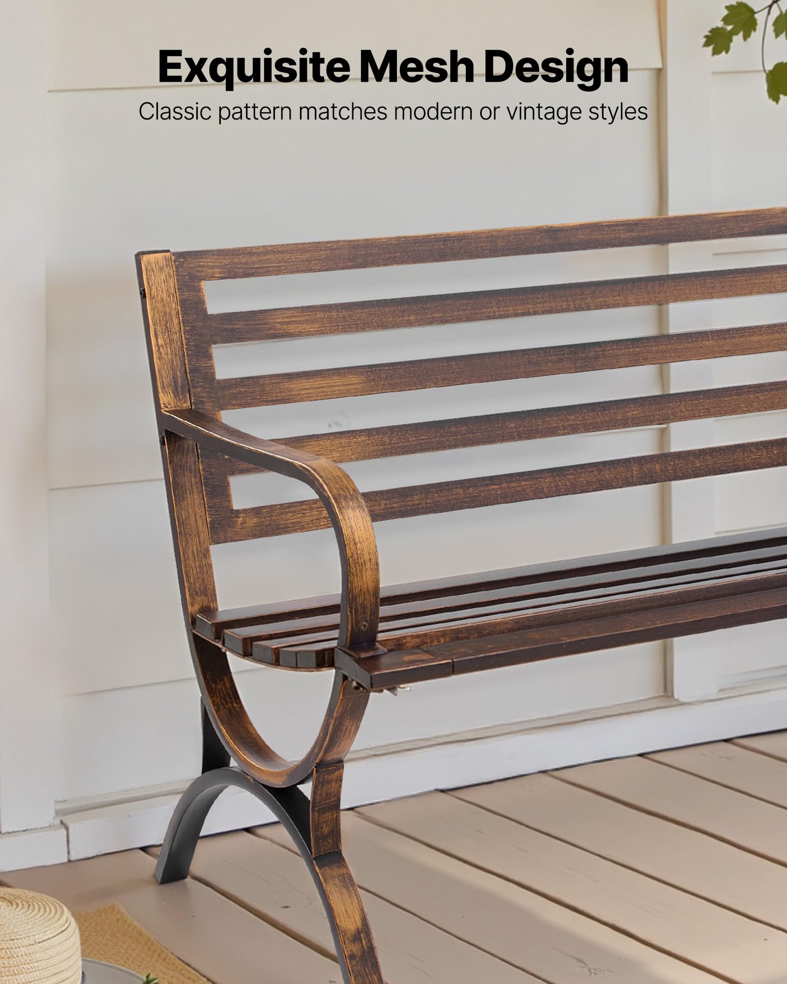 VEVOR Panca da Esterno, 127 cm, Struttura in Acciaio al Carbonio con Schienale a Doghe e Braccioli con Bordo Arrotondato, Panca da Esterno Resistente alle Intemperie per Patio, Giardino, Parco