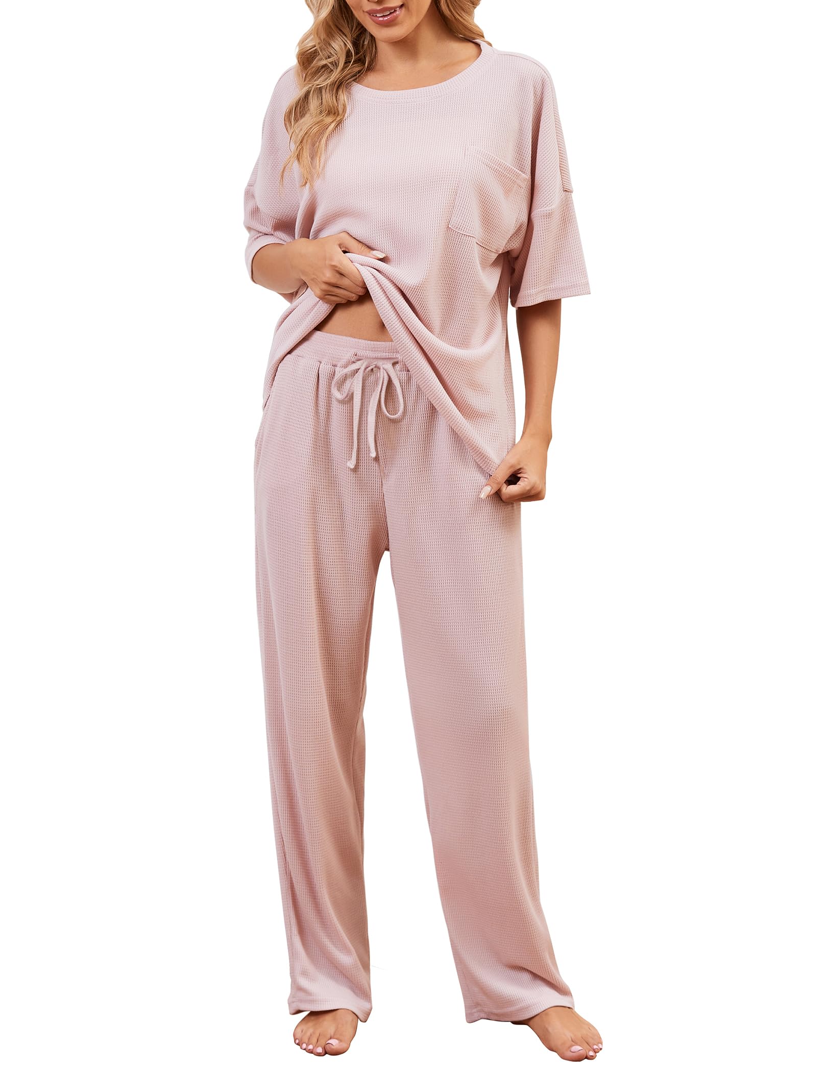 JiniGolla Womens Pajama Sets Waffle Knit Short Sleeve Shirt with Long Pajama Pants Soft Sleepwear Pj Lounge Sets