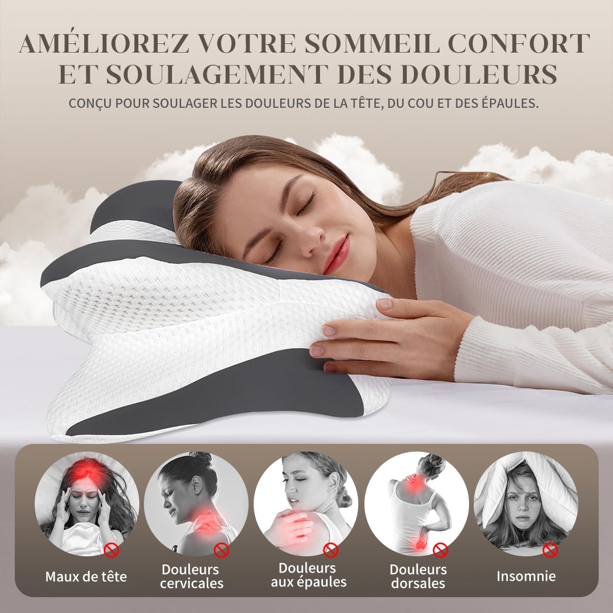 Oreiller Ergonomique Cervical,Oreiller Memoire Forme Papillon Rafraîchissant,Convient dormeurs côté, Dos, Ventre, Housse Amovible Lavable en Machine, Gris Clair
