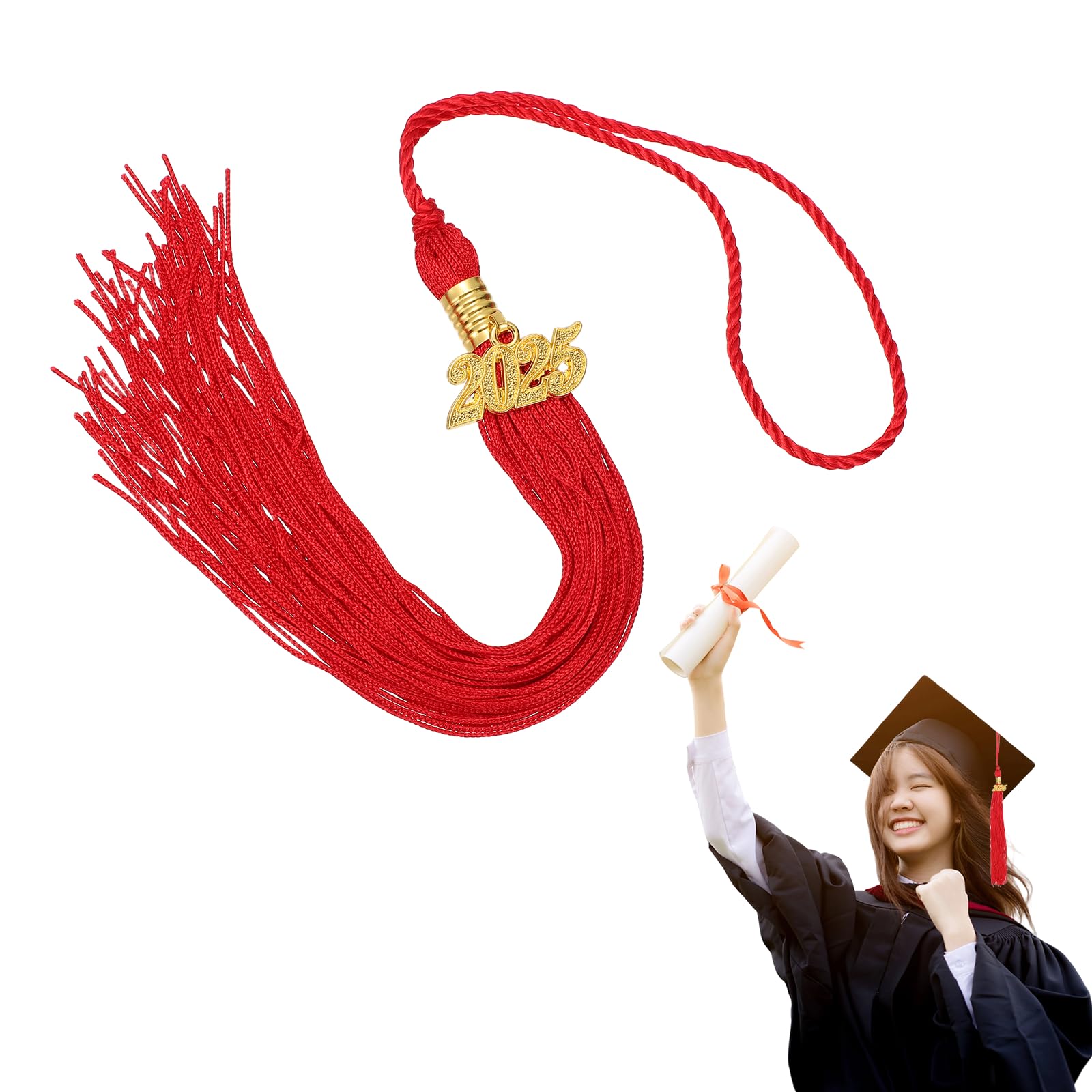 MECCANIXITY Graduation Tassel 2025, Red Tassels with 2025 Year Gold Date Charms Academic Graduation Charm Cap Decorations Party Decorations