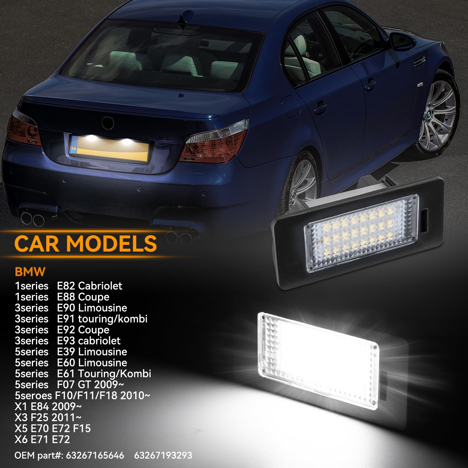 Illuminazione targa a LED per B-M-W E82 E88 E90 E91 E92 E93 E39 E60 E61 F07 F10 F11 F18 E84 E25 E70 E71 F15 E1 E2, targa con Canbus 2 pezzi, 1 8 x 3528 SMD