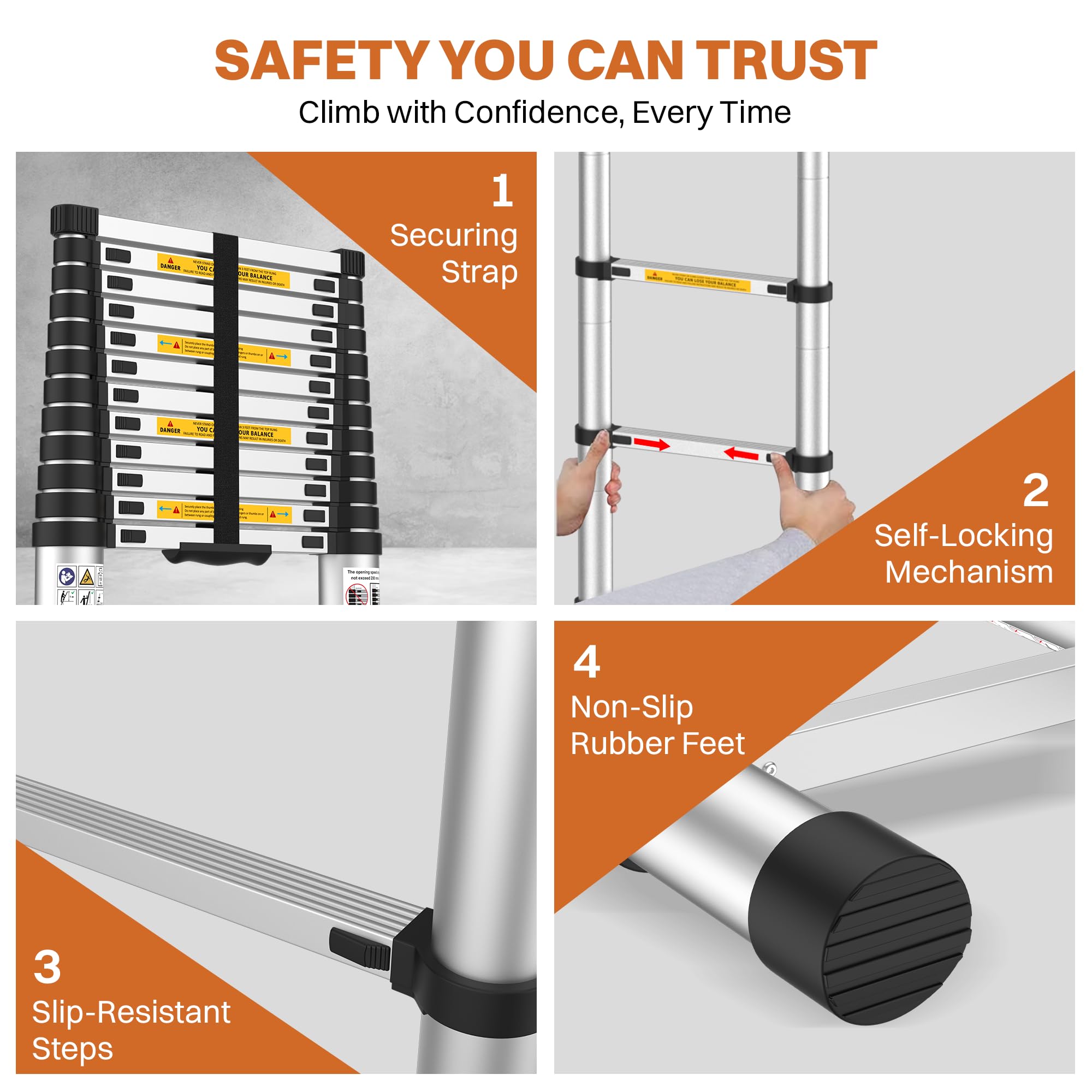 BonKaso VertiPro 3.8M(12.5Ft) Telescopic Ladder|Aluminum Ladder 13 Steps|Multipurpose for Home & Outdoor use with Self Lock Mechanism|EN131 Certified Max Load Capacity of 150kg — Amazon image 3
