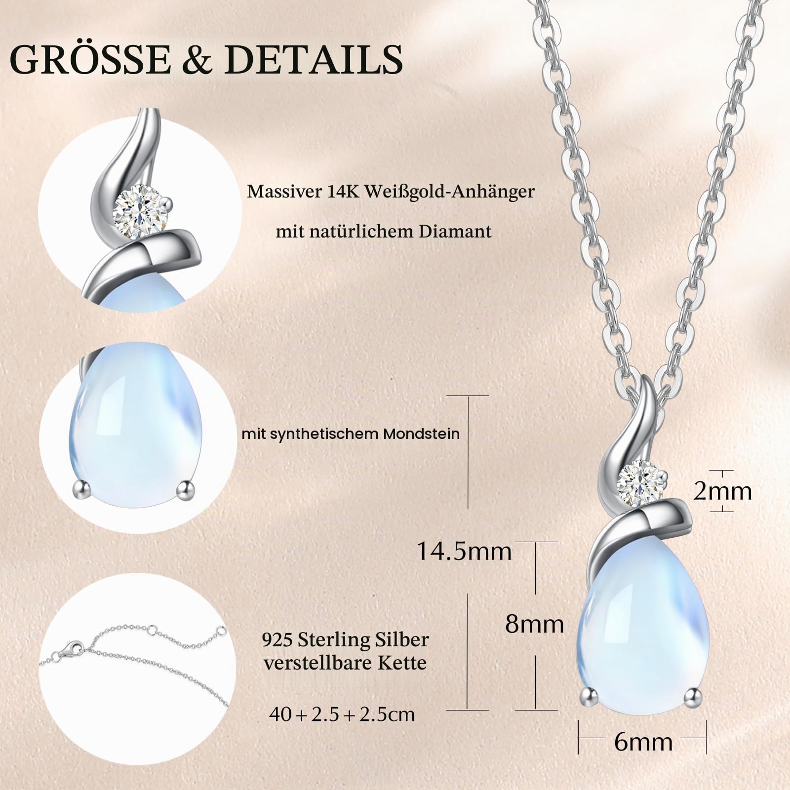 FANCIME Solide 14 Karat 585 Weiß Gold Tropfen Anhänger mit 925 Sterling Silber Kette Halskette mit Edelstein und echt Diamant Schmuck für Damen mit Geschenk Box - Kettenlänge: 40 + 5 cm