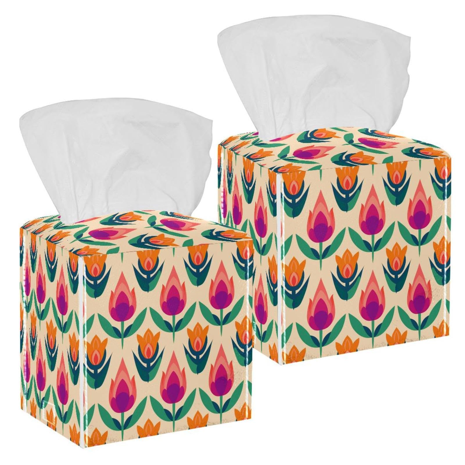 Cartoon Tulip Tissue Box Cover, 2 Pack PU Leather Square Facial Tissue Dispenser Box holder for Home Office Car